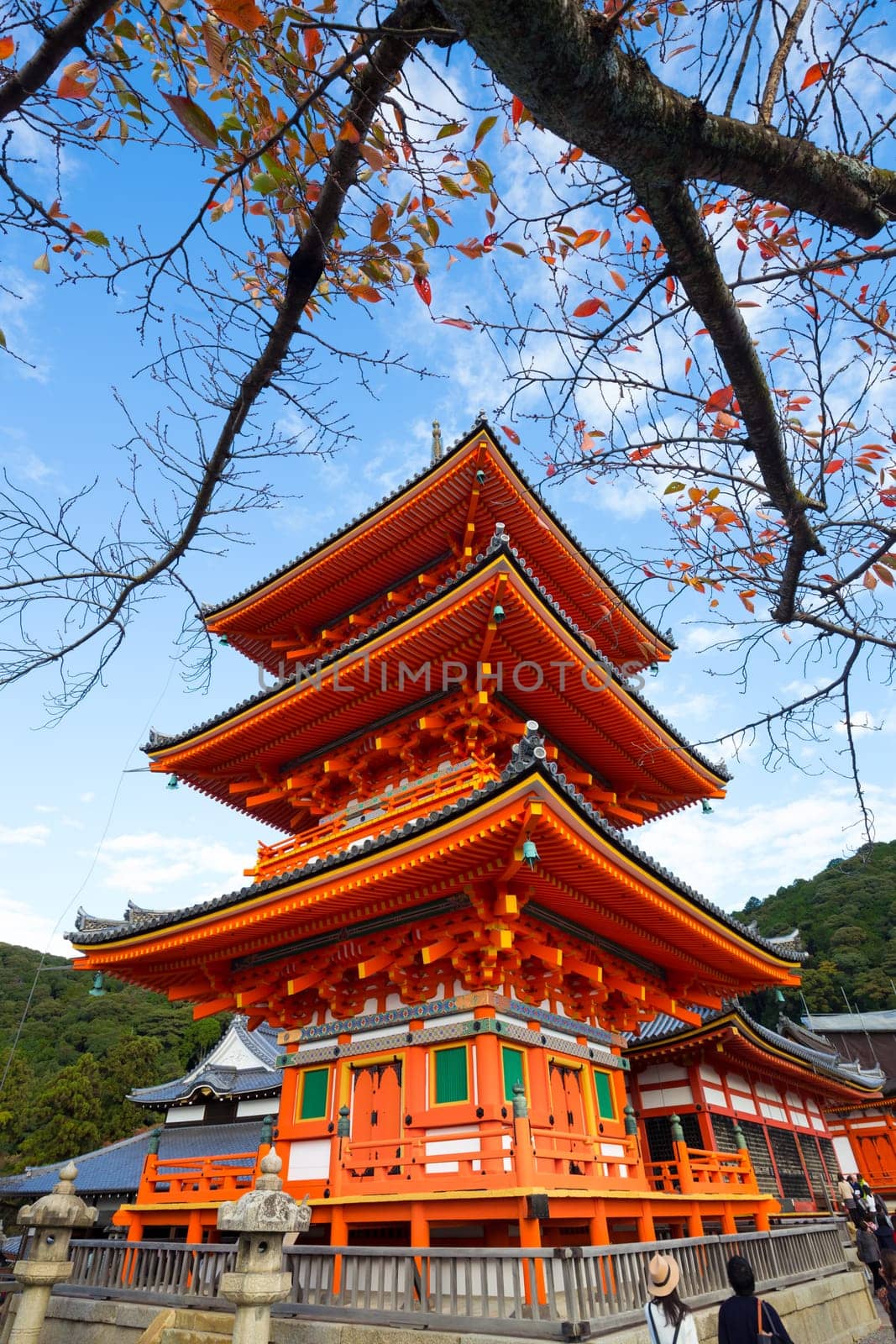 Kiyomizu dera, orange pagoda in japnese temple in Kyoto, Japan, in fall.