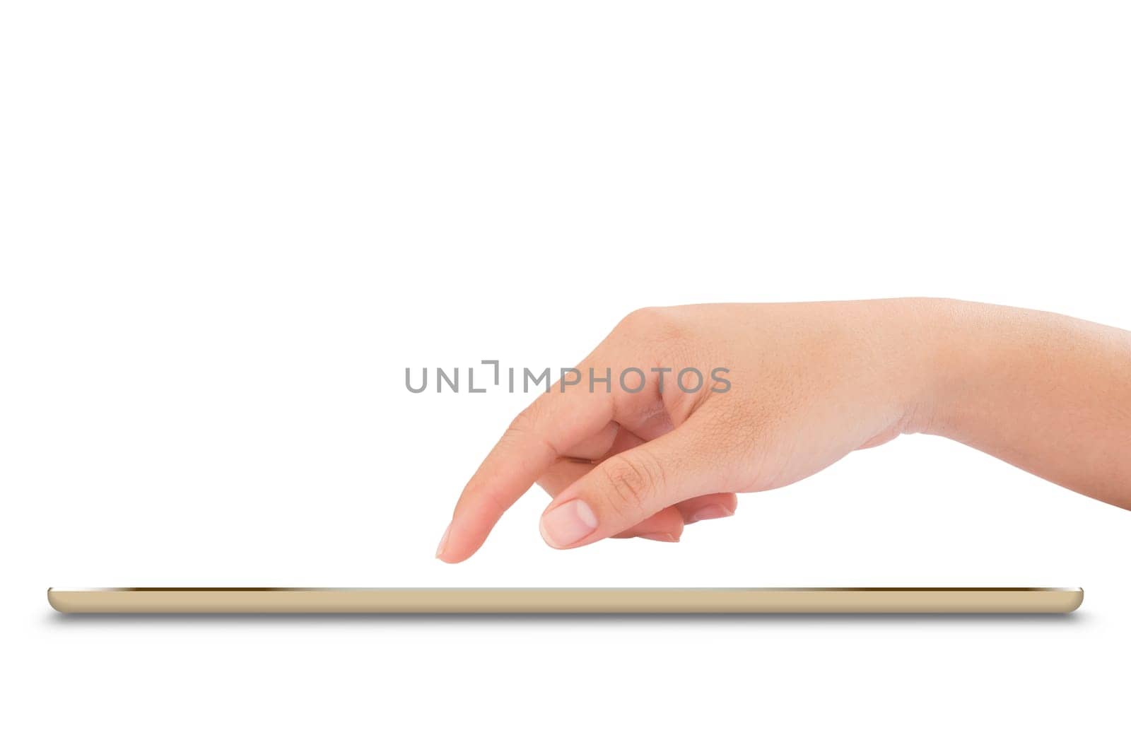 female hand touching on mock up tablet isolated with clipping path inside