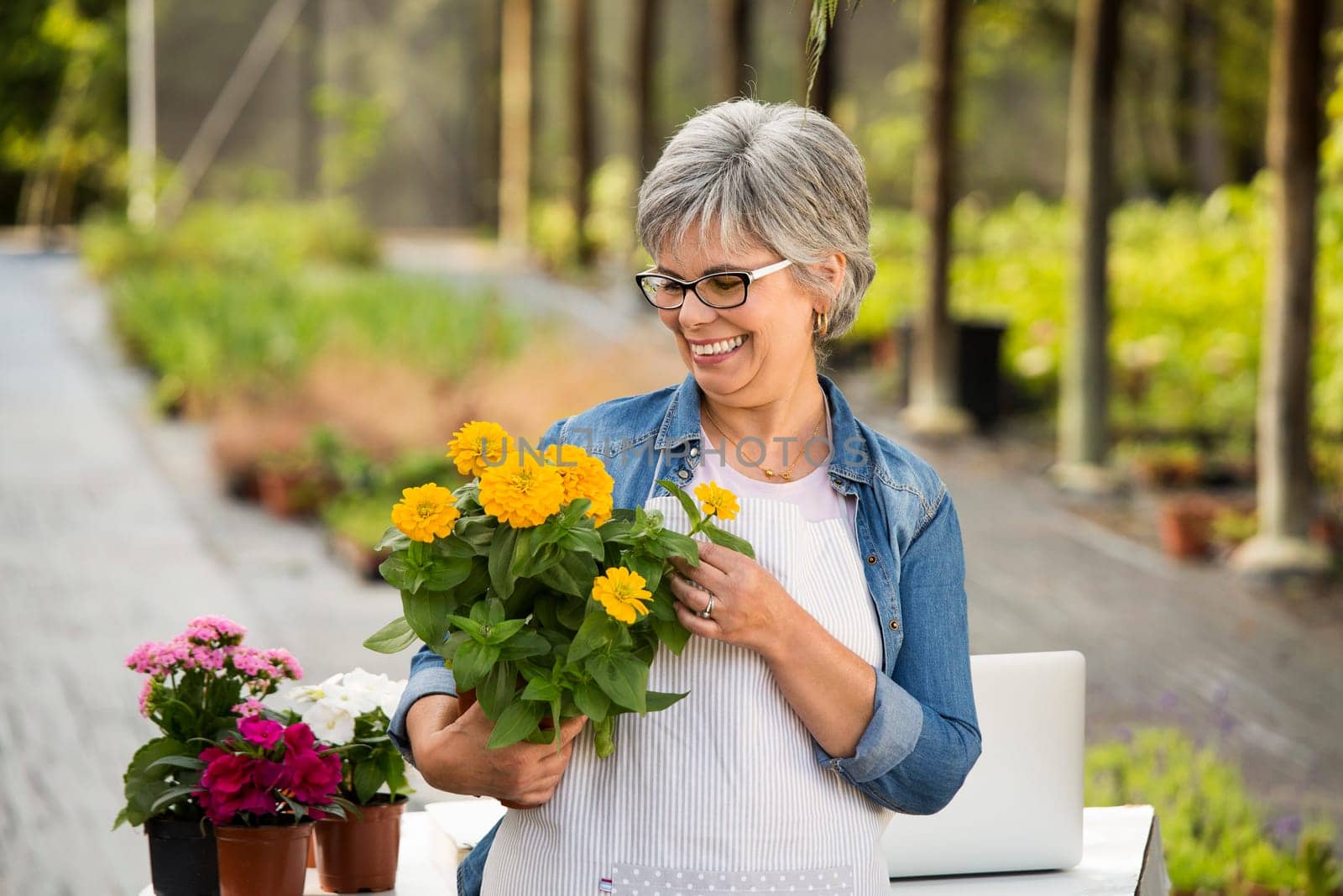 Beautiful mature woman working in a greenhouse holding flowers on her hands