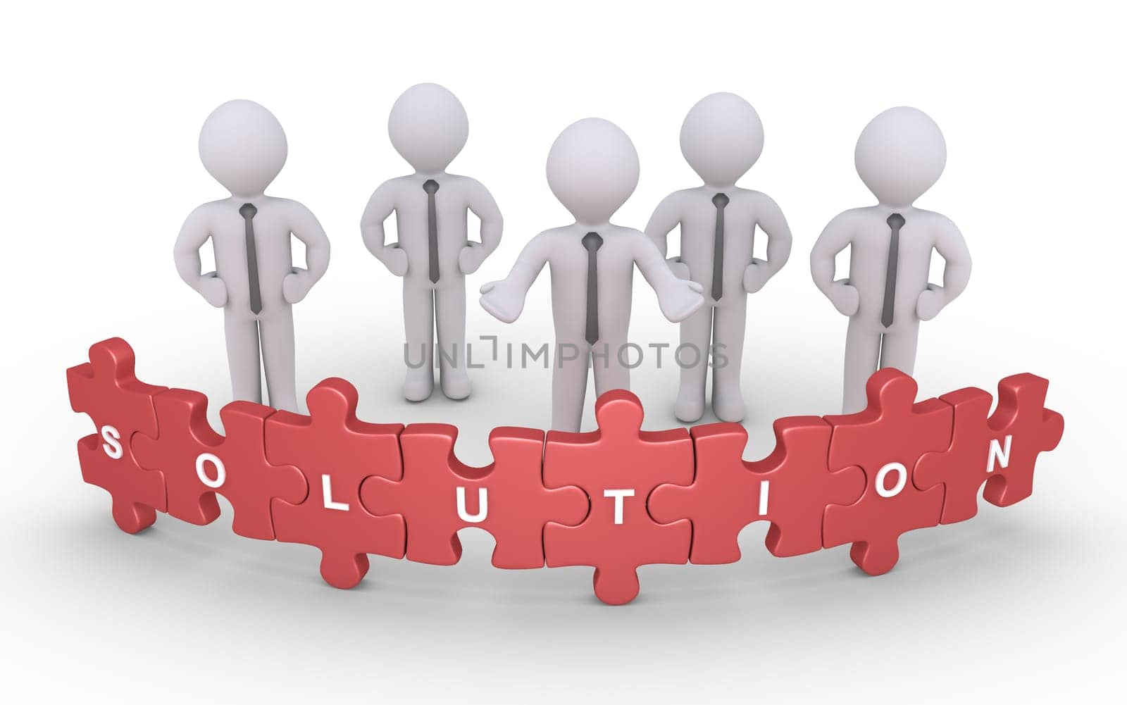 Businessmen are standing behind connected puzzle pieces with the word Solution on them