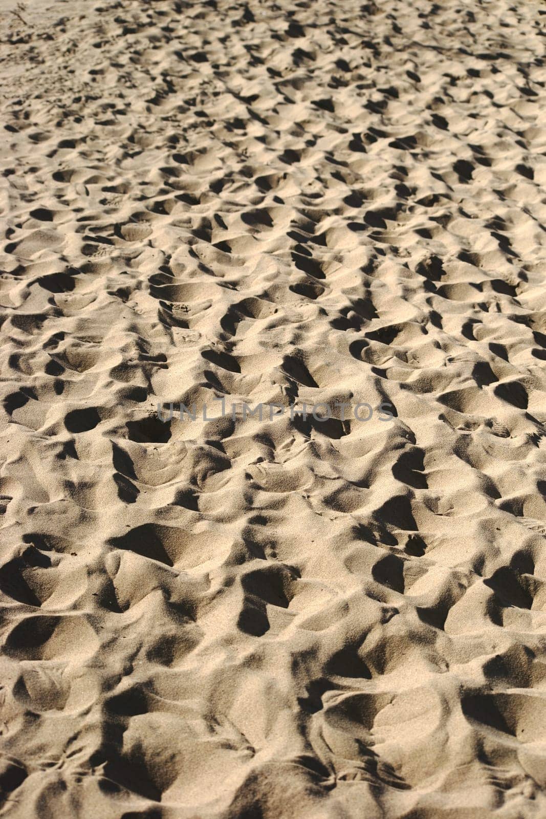 The close-up of sand and footprints of a sandy beach in California.