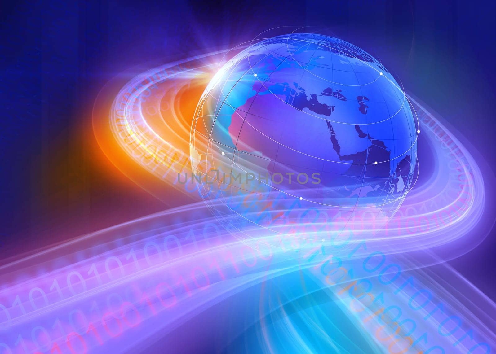 Graphical Digital Binary Code Highways Around the World Through the Space Background