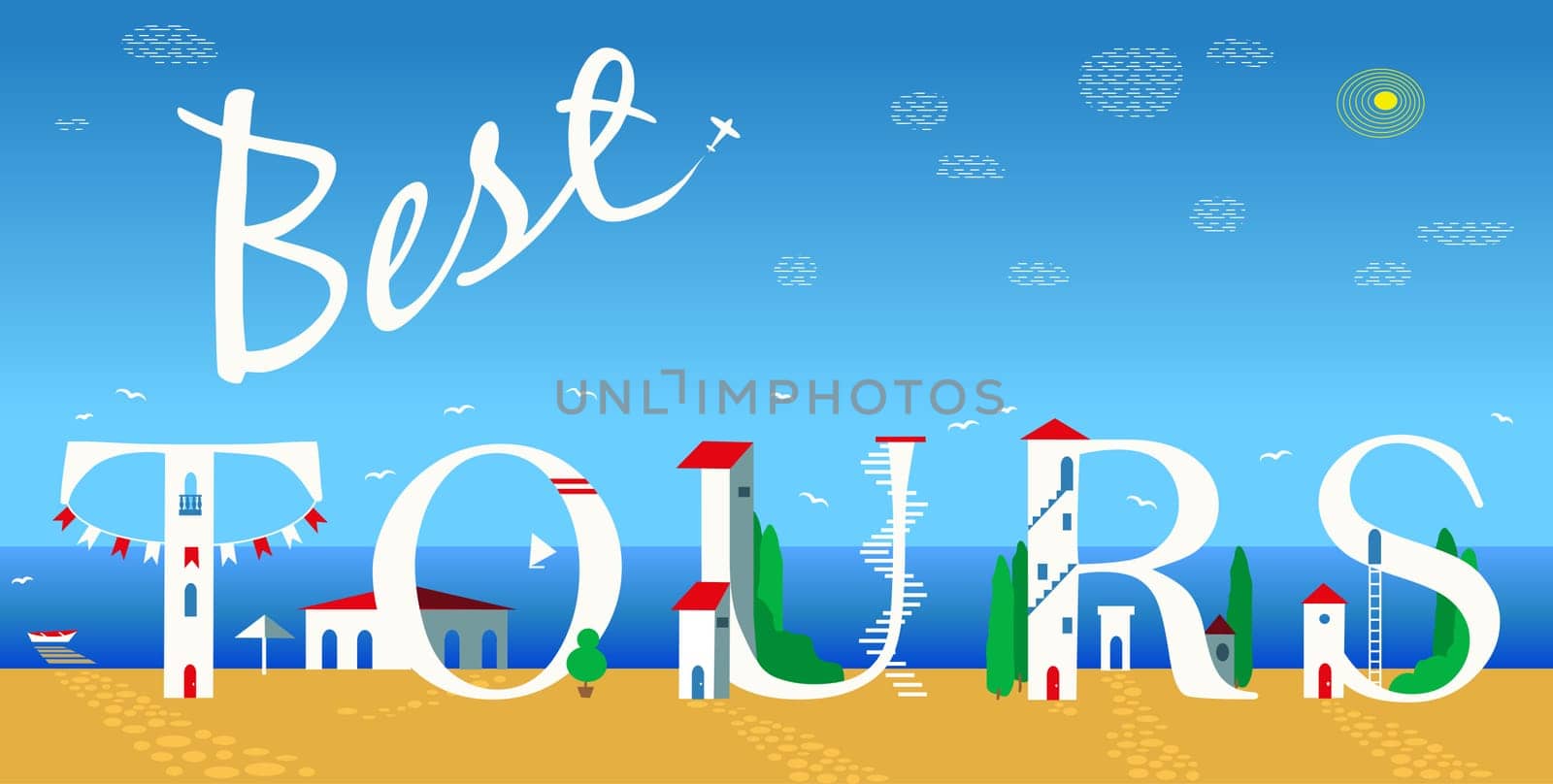 Inscription Best tours. Cute white houses on the coast