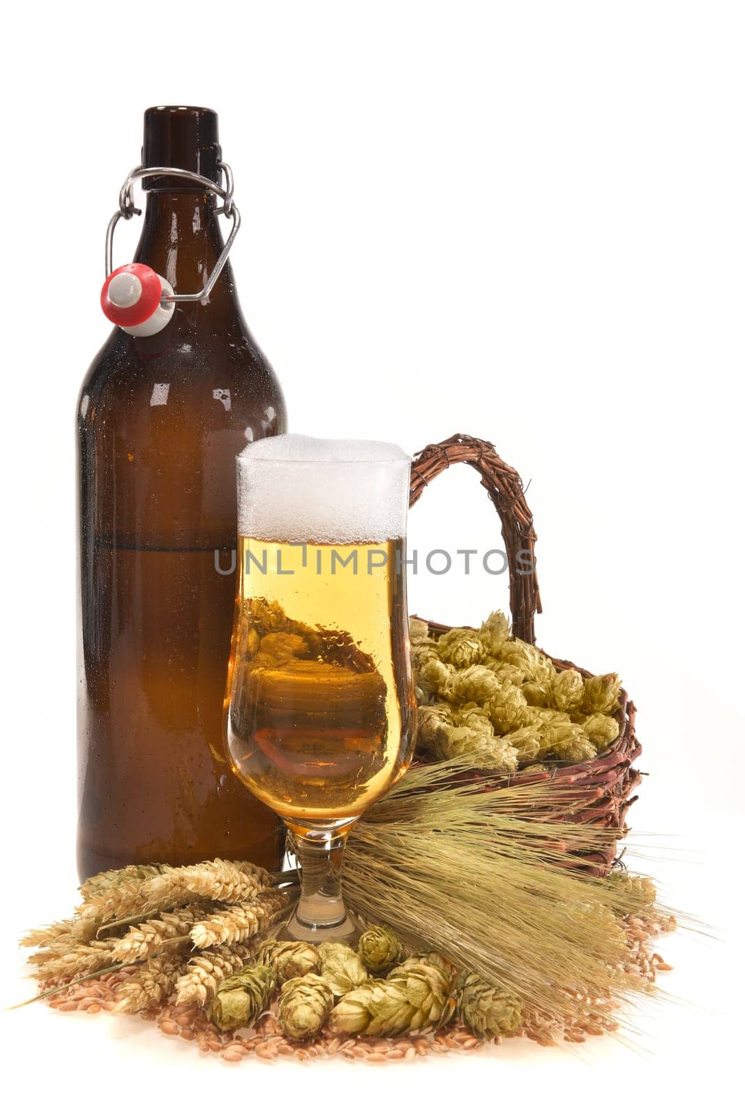 XXL beer bottle,beer glass and beer barrel with wheat,barley,hops and malt