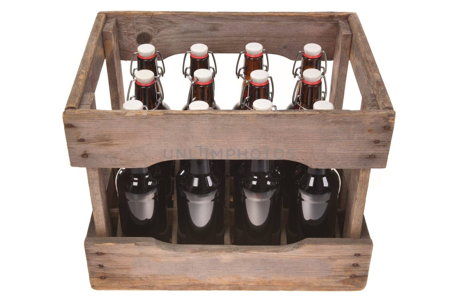 Old Beer Box with Beer Bottles Insulated On White