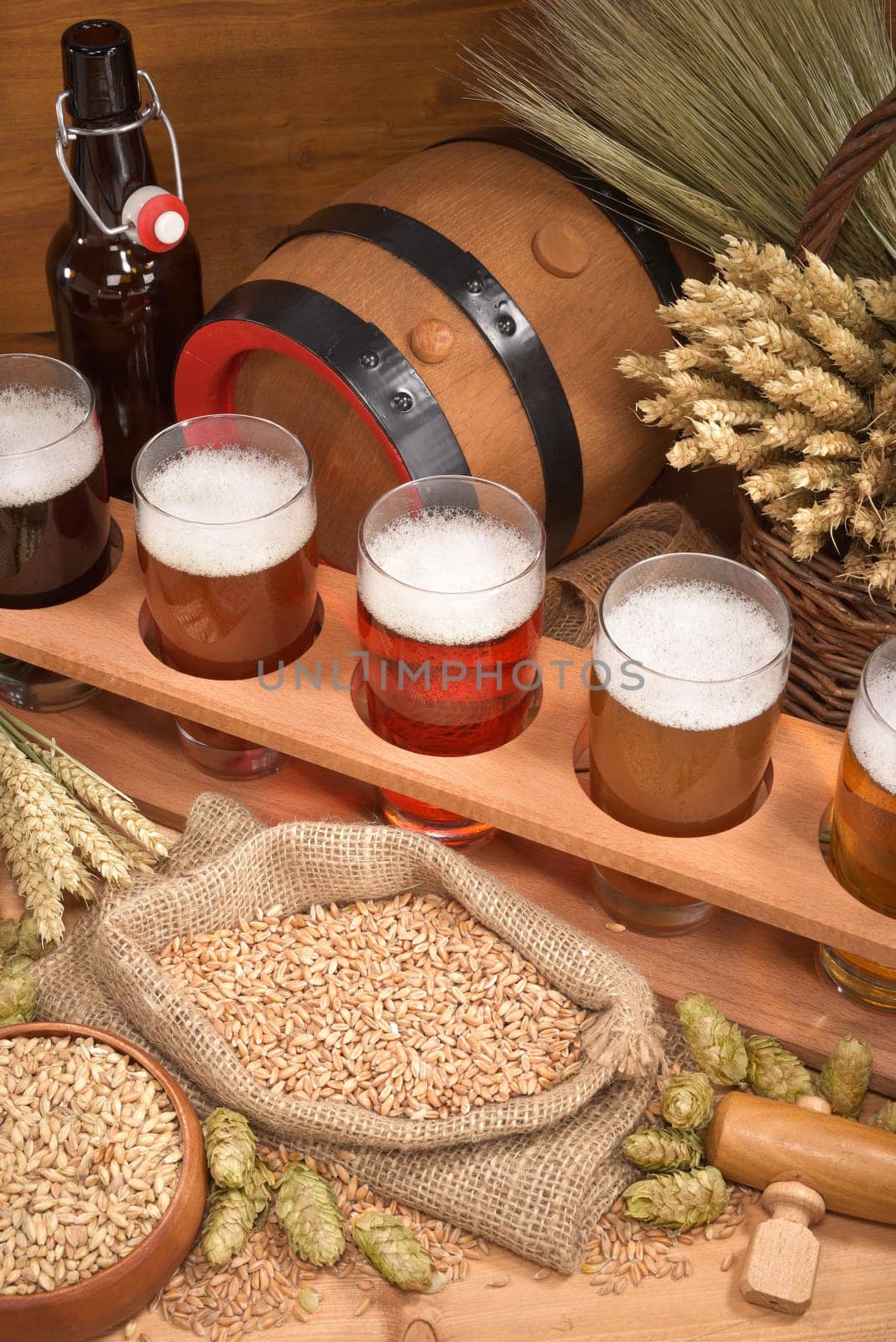 Beer carriers with many different beers,wheat,barley,hops and malt