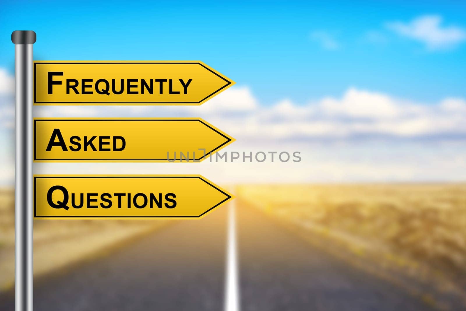 FAQ or Frequently asked questions words on yellow road sign with blurred background