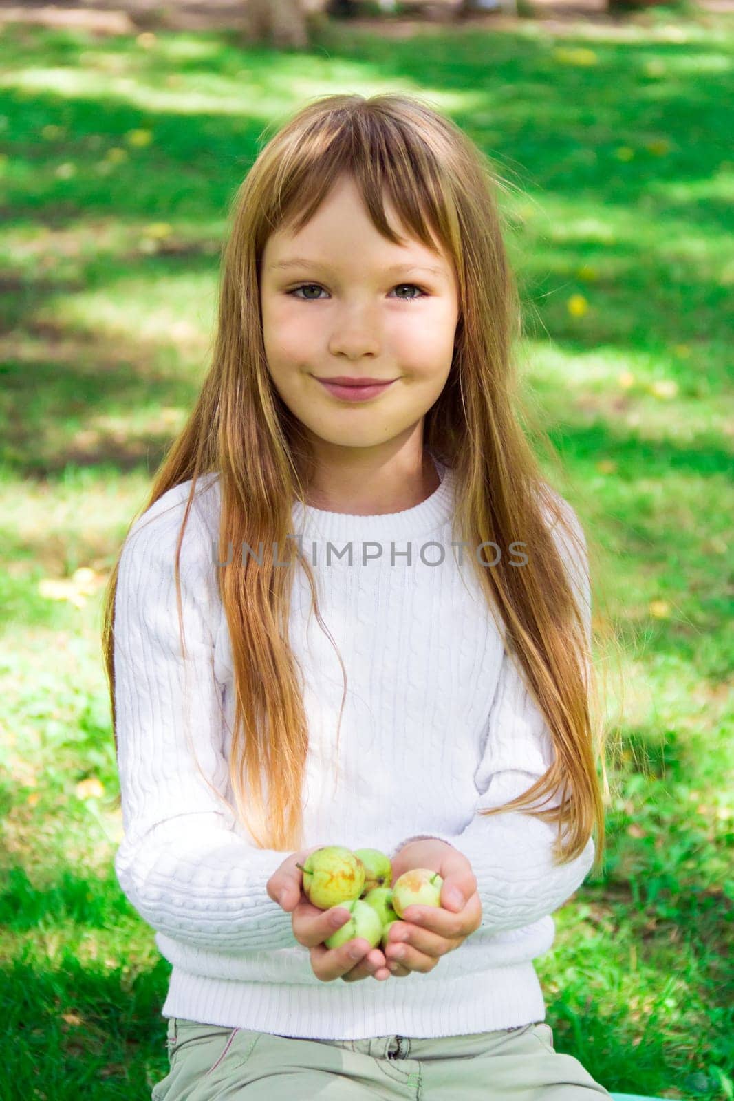 Photo of cute girl with apples in summer