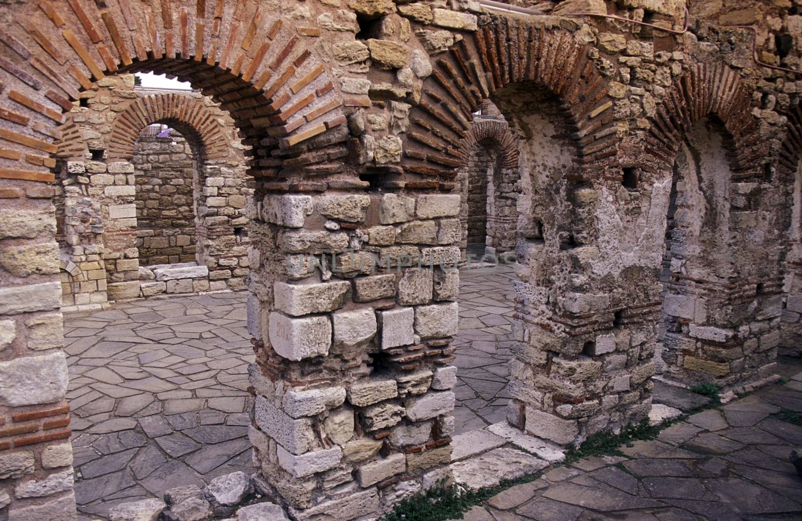 the ruin of the Basilica in the old town of Nesebar on the coast of the Black sea in Bulgaria in east Europe.
