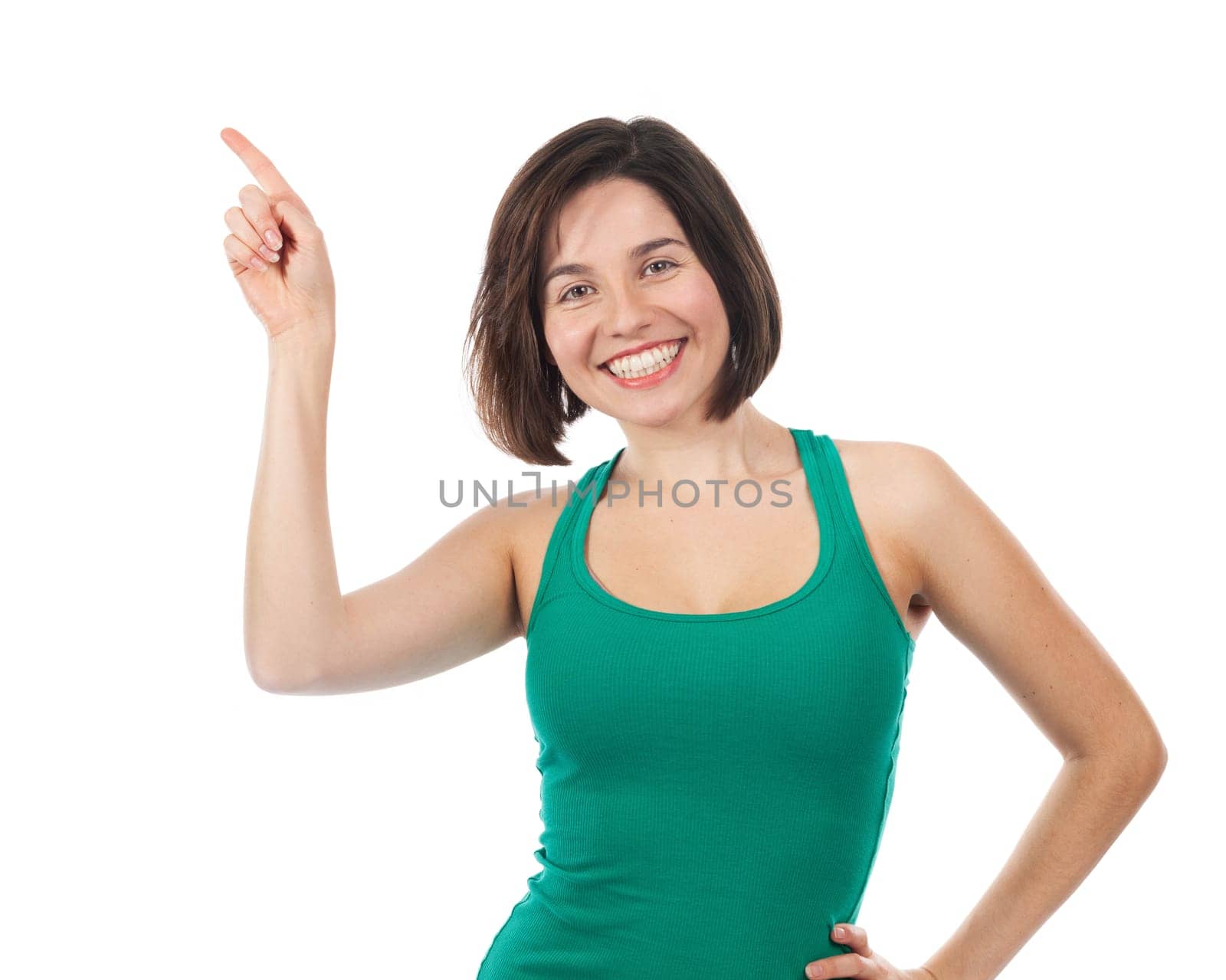 retty brunette pointing up, isolated on white