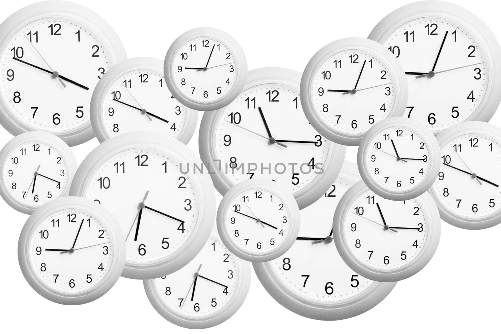 Several clocks in different sizes and times in a background