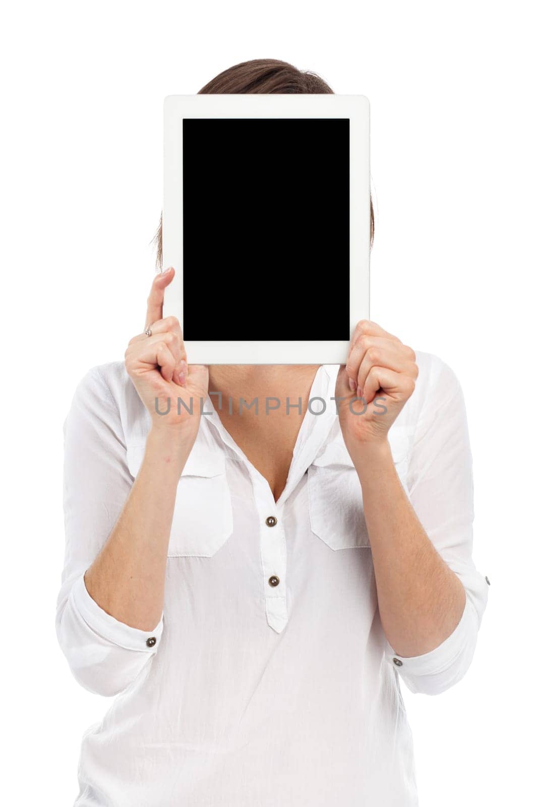 Cute woman presenting a digital tablet in front of her face, isolated on white