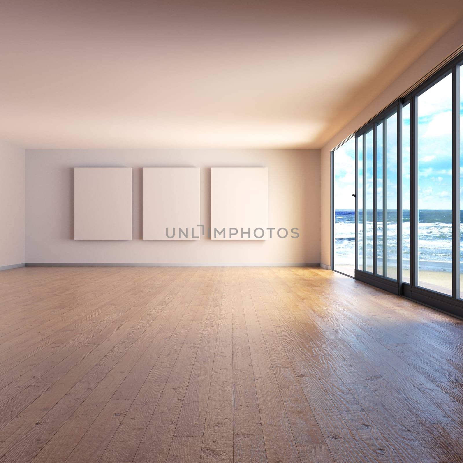 Room with three canvases and wooden floor at the lake