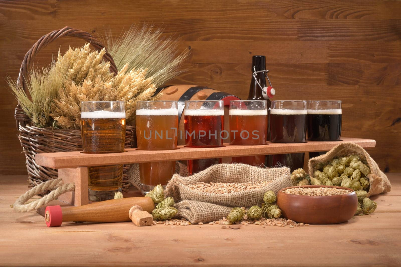Beer carriers with many different beers,wheat,barley,hops and malt