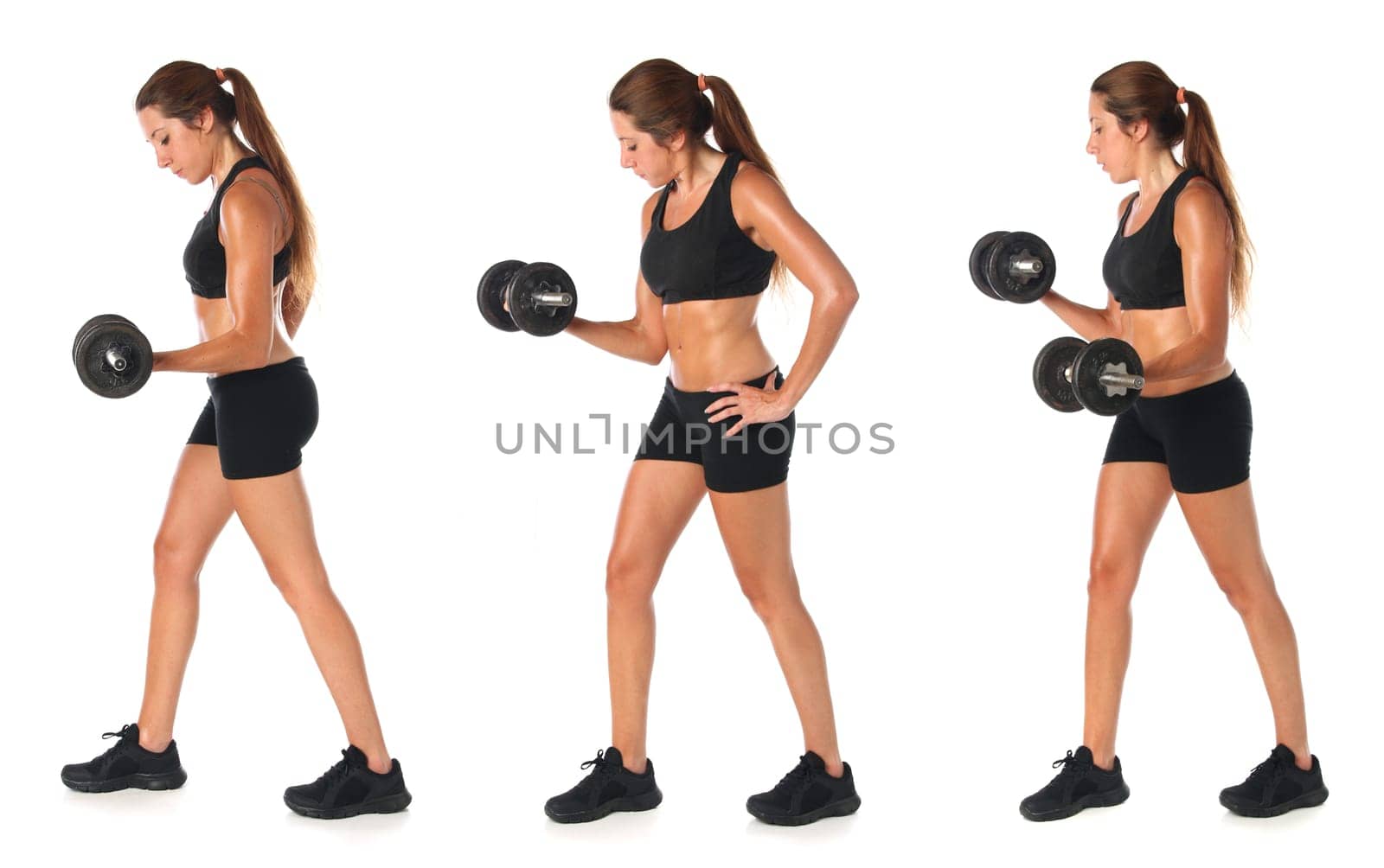 Collage of a young woman doing exercise with dumbbells, over white