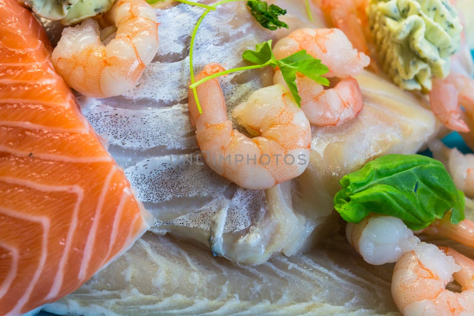 Different raw fish species as fillet such as salmon,cod and shrimp.