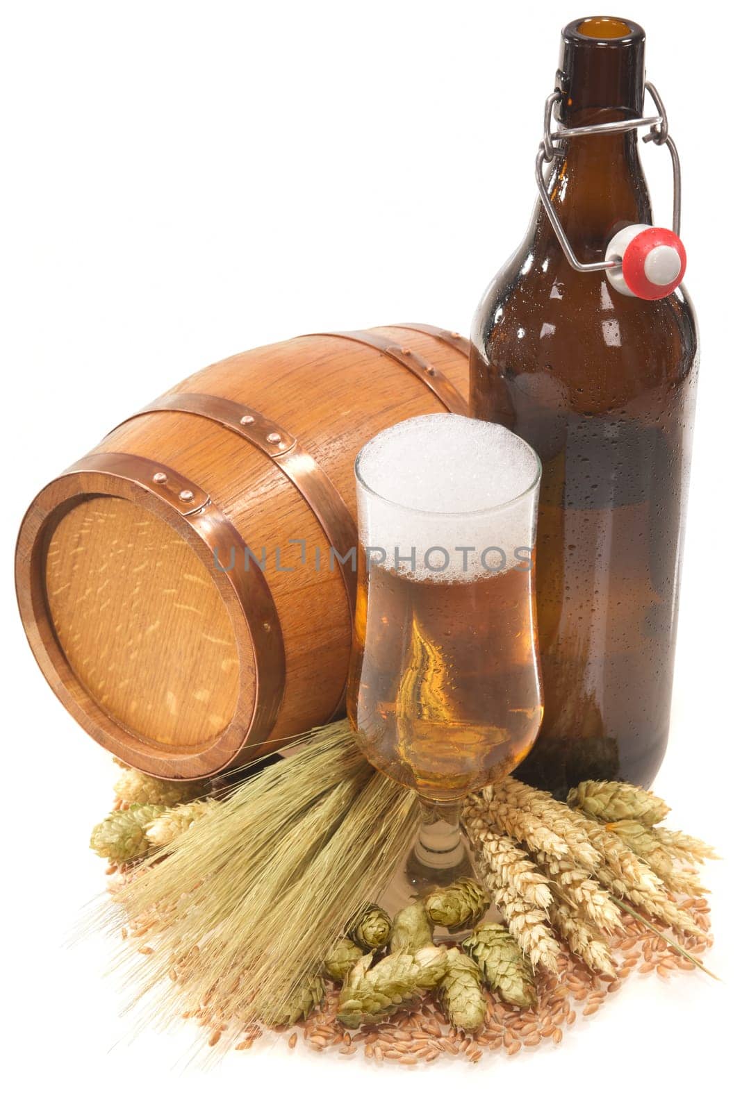 XXL beer bottle,beer glass and beer barrel with wheat,barley,hops and malt