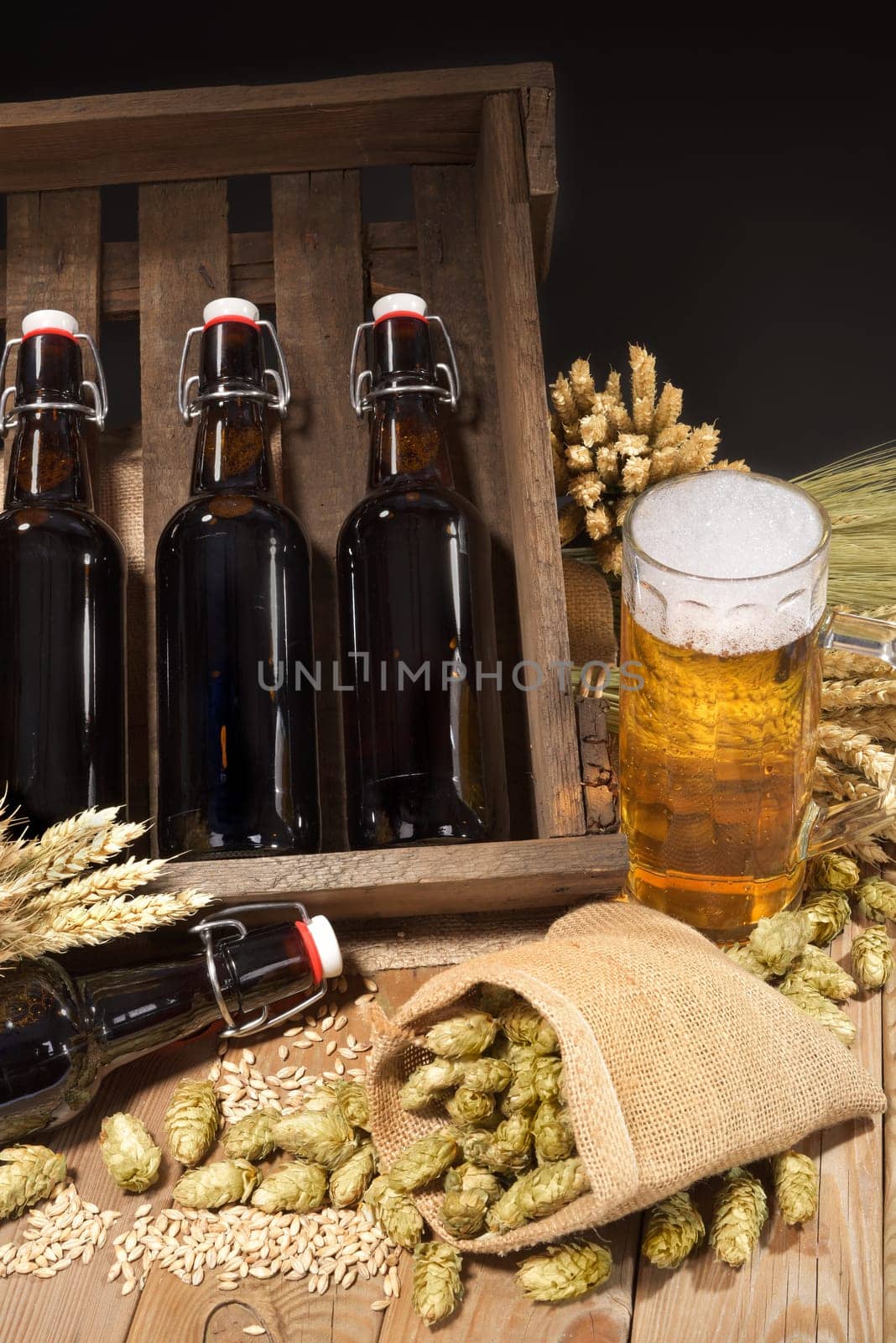 Beer box and beer glass with wheat,barley,hops and malt