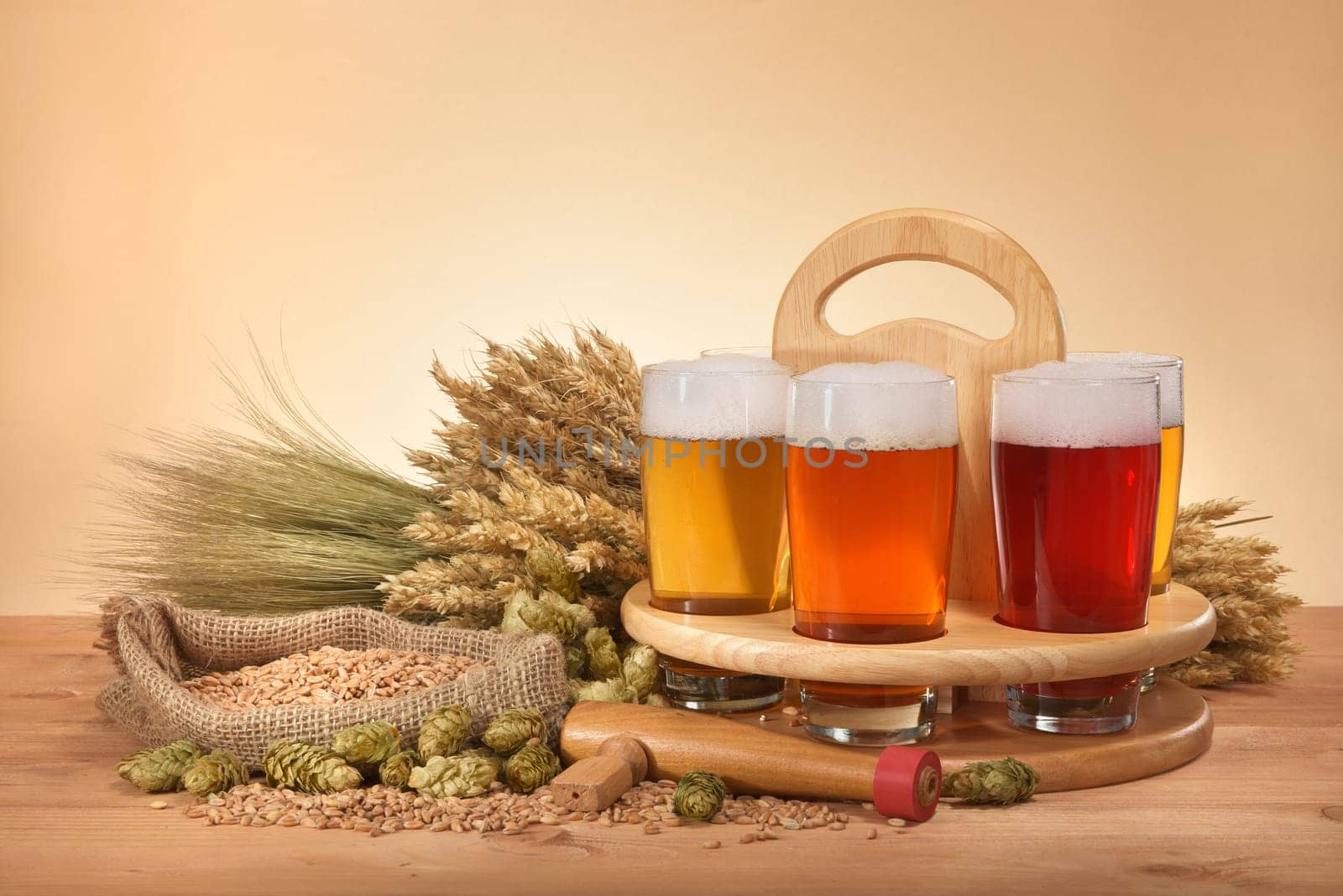 Beer carriers and beer glasses with wheat,barley,hops and malt