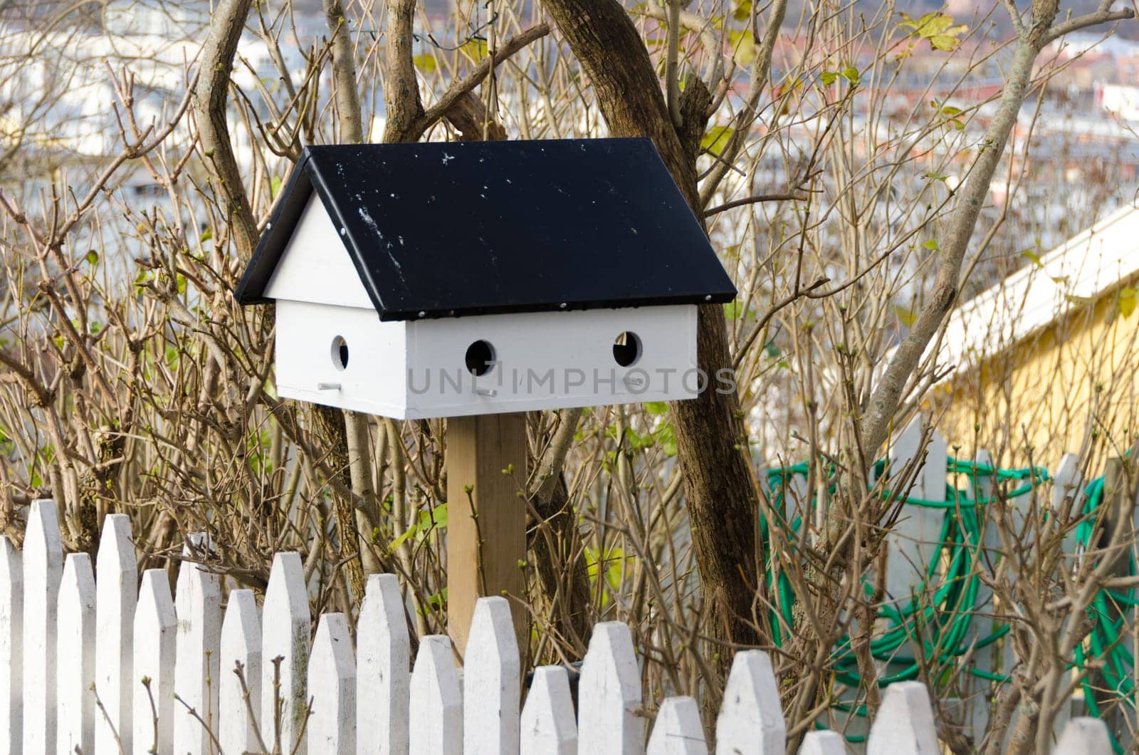 one little birdhouse made of wood standing in the garden for the birds