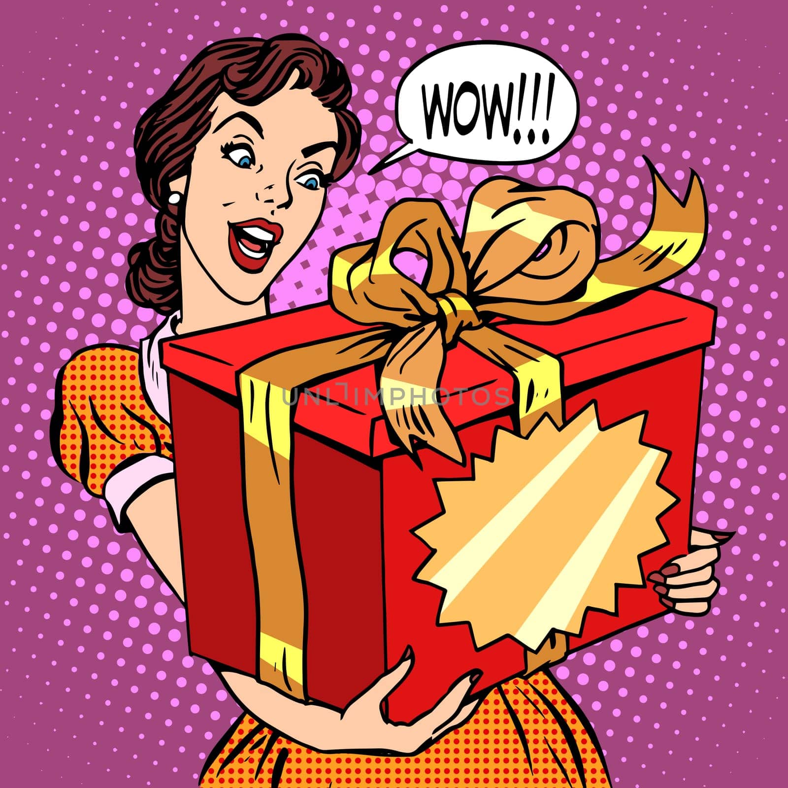 Woman and big gift box pop art retro style. Birthday and holiday. International womens day