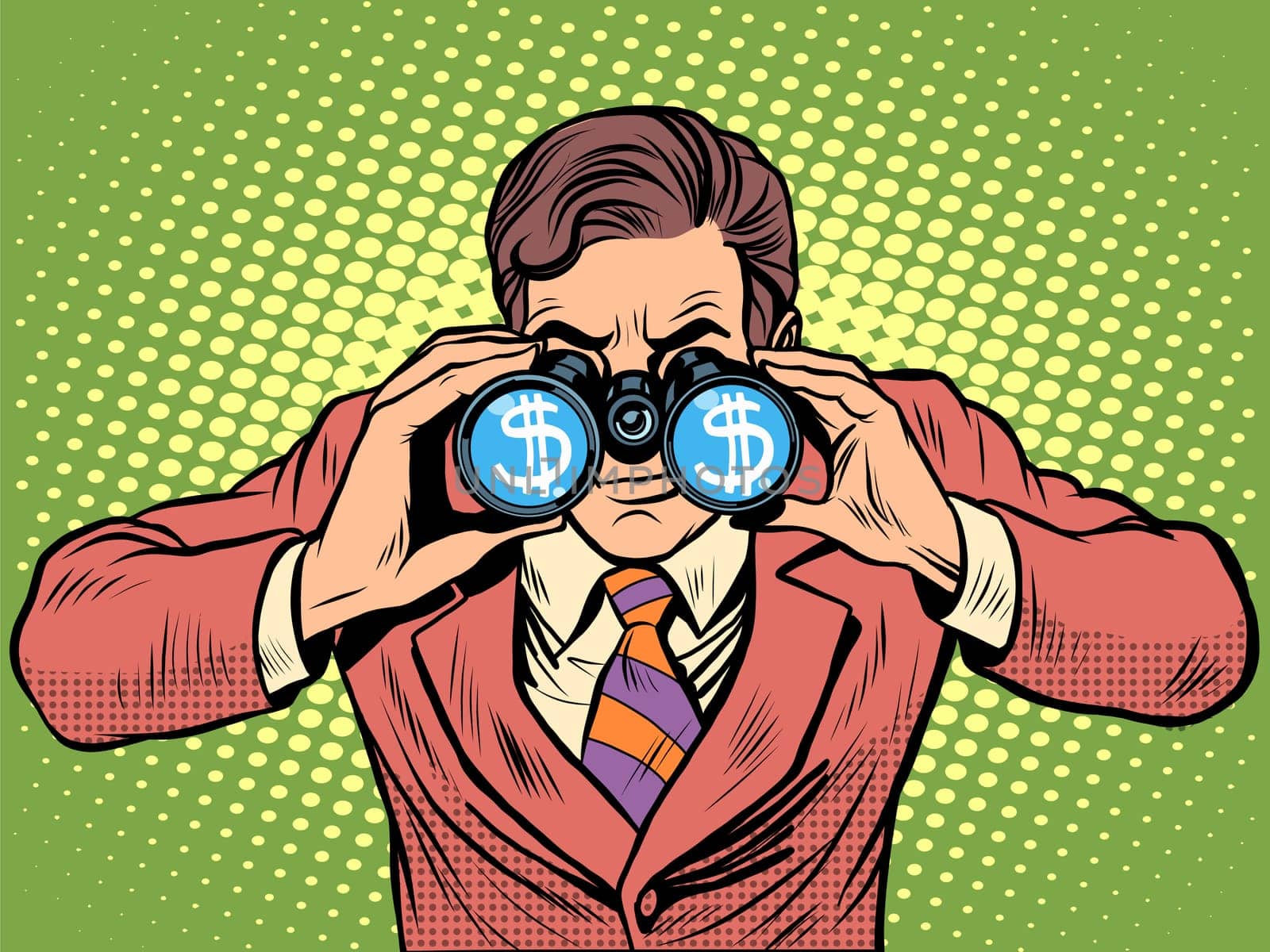 Financial monitoring of currency dollar businessman binoculars pop art retro style