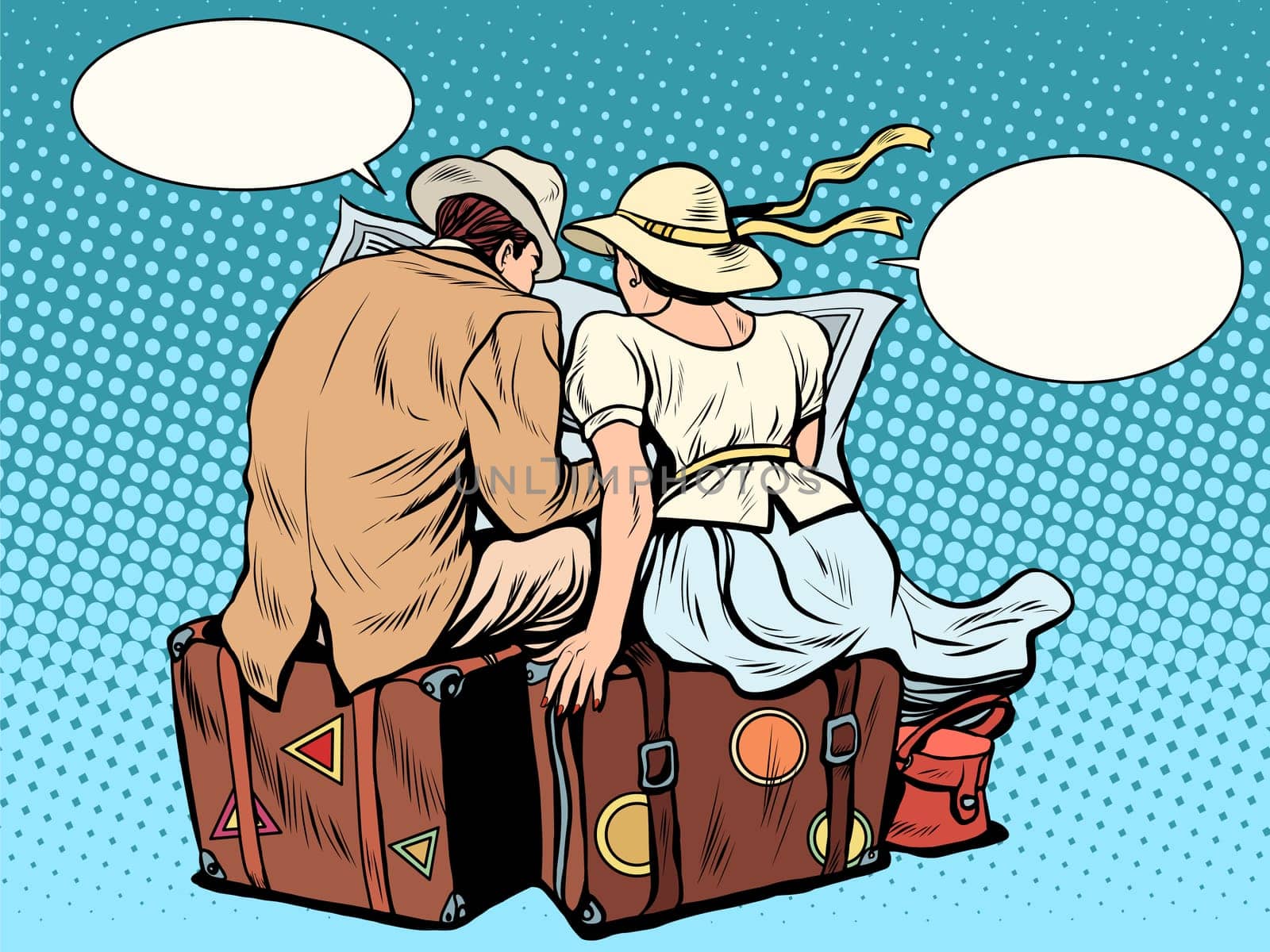 couple traveling route map looks pop art retro style. Male and female tourists. Business concept summer vacation