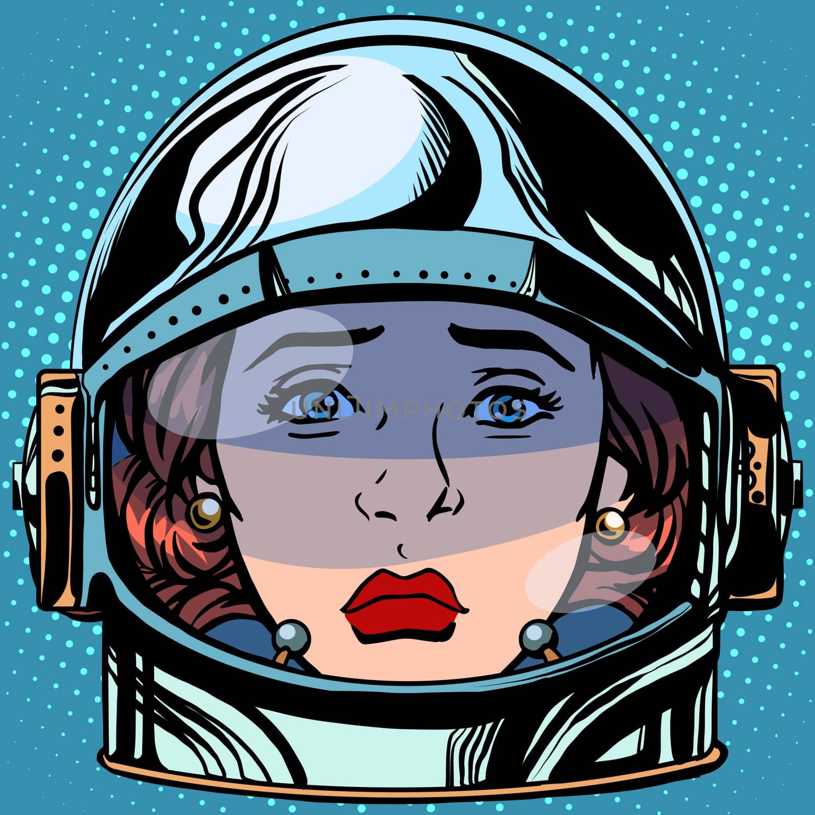 emoticon sadness Emoji face woman astronaut retro pop art retro style. Emotions face. Vector emoticon