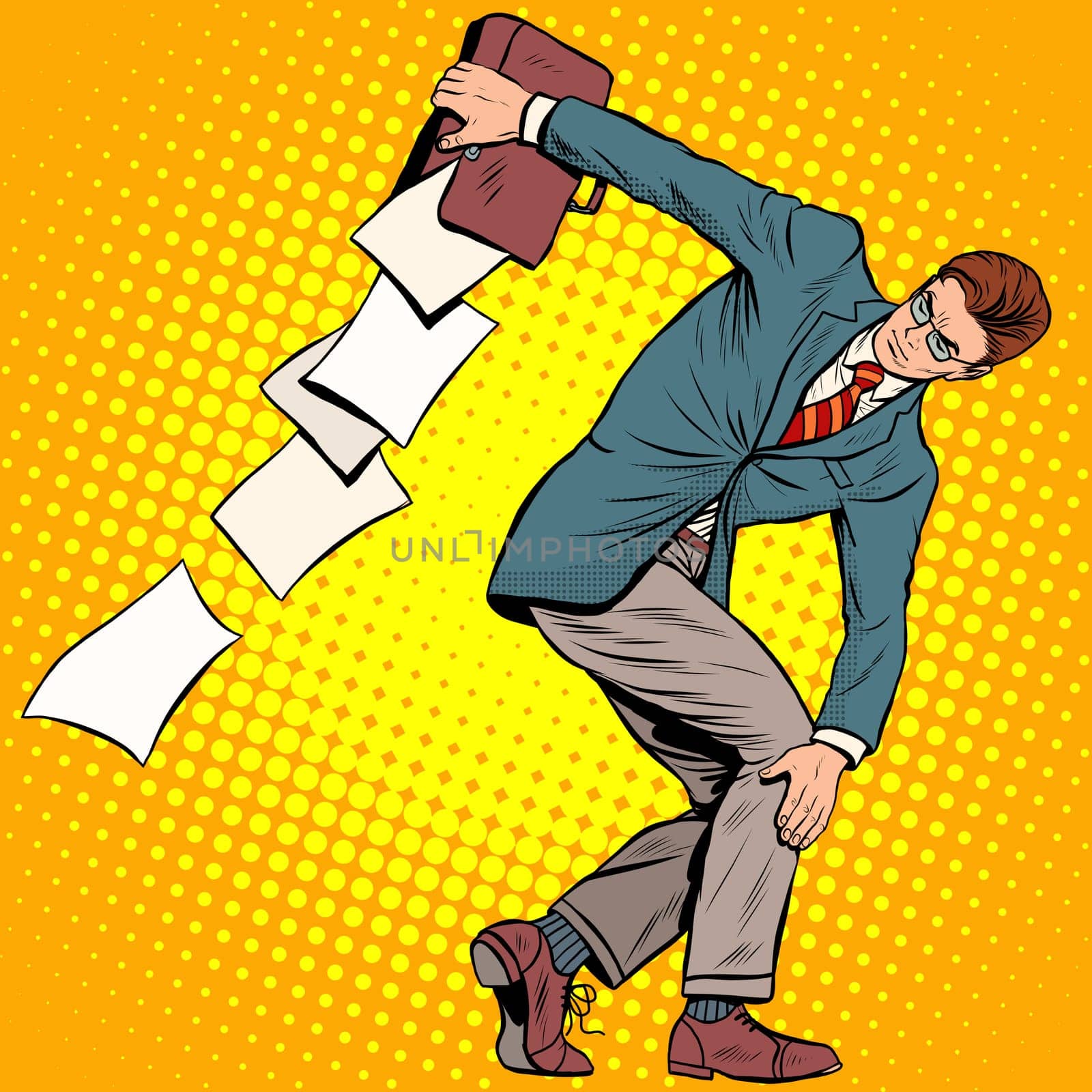 businessman discus thrower pop art retro style. Sports and business concept. Leader and documents