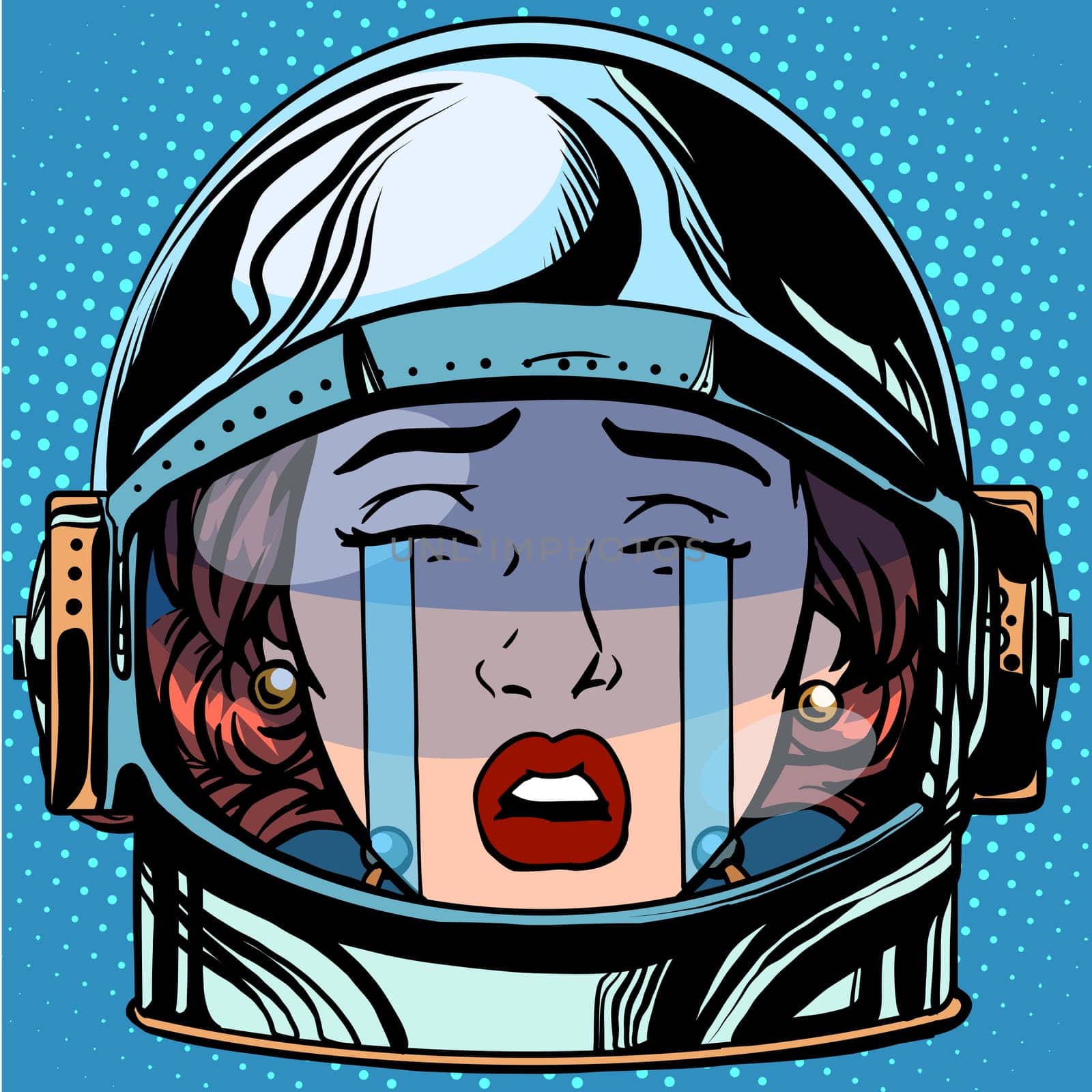 emoticon cry Emoji face woman astronaut retro pop art retro style. Emotions face. Vector emoticon