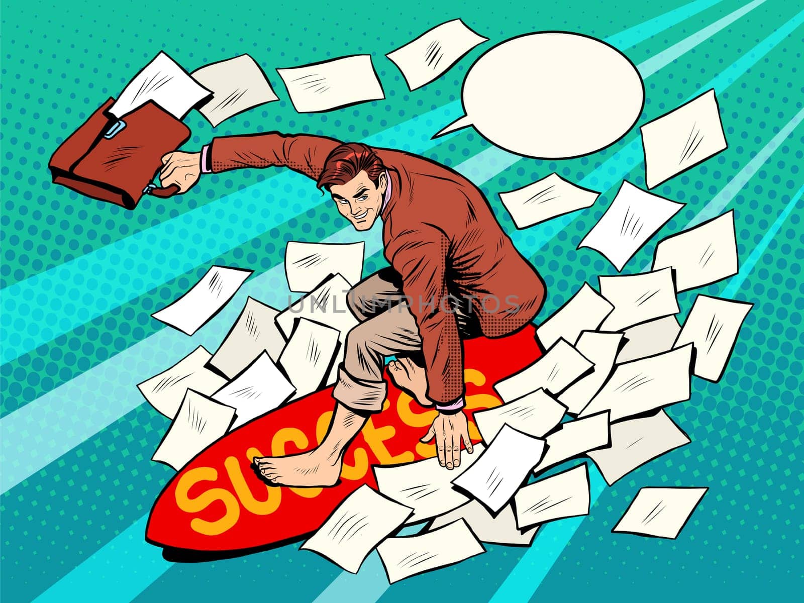 Businessman surfer success pop art retro style. Business concept sport leadership financial success