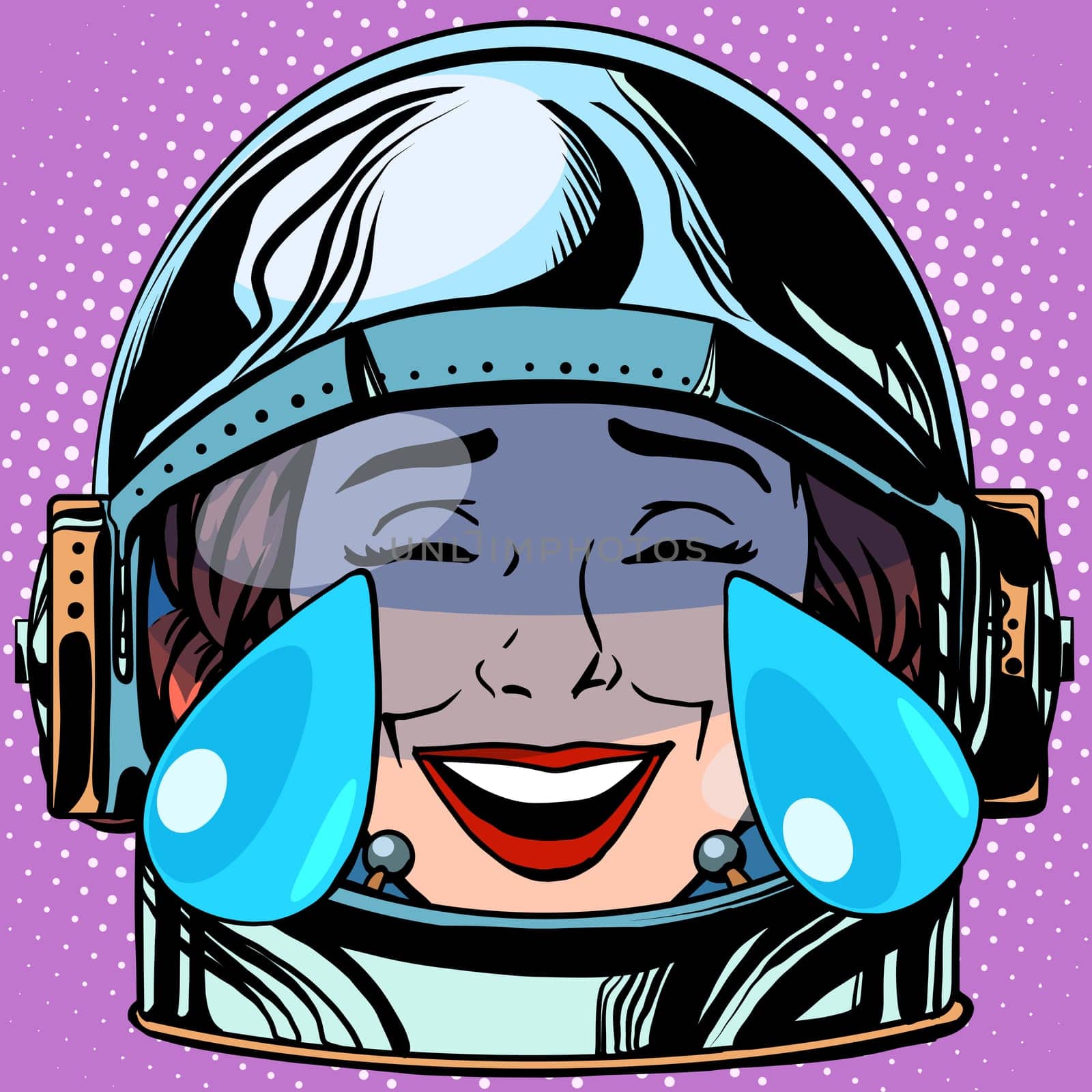 emoticon tears of joy Emoji face woman astronaut retro pop art retro style. Emotions face. Vector emoticon
