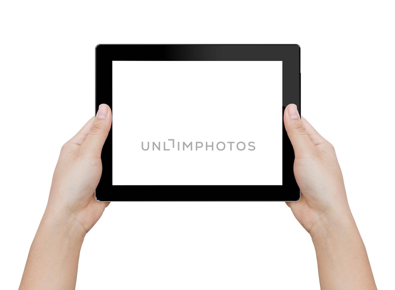woman hand holding digital tablet isolated clipping patch inside image data