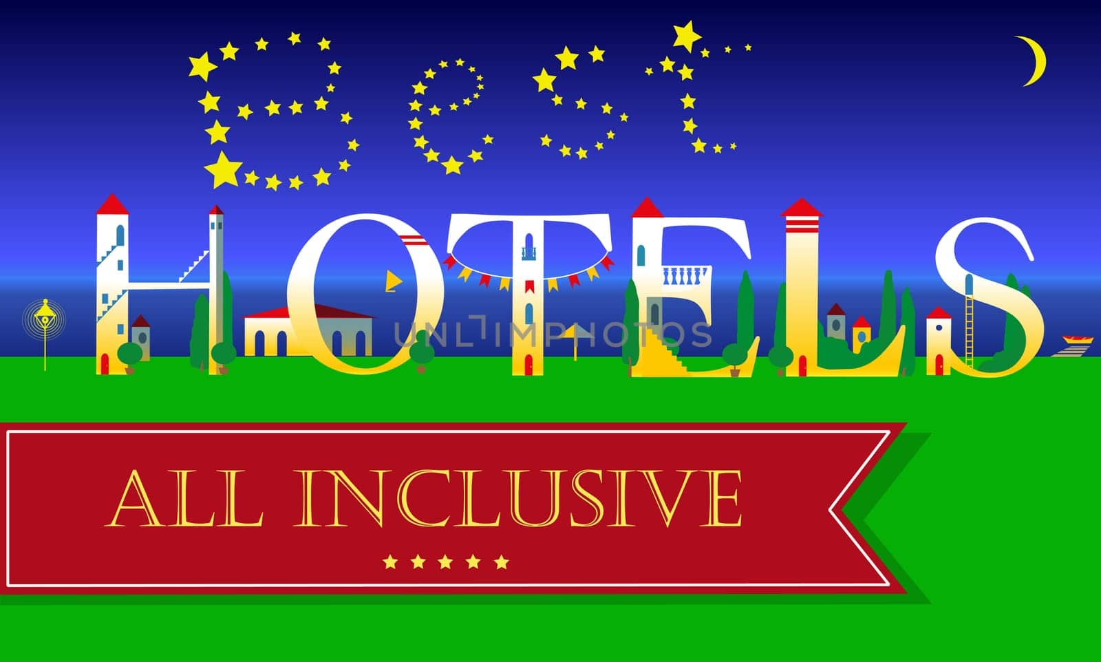 Best Hotels Insription. Cute houses Font. Vector Illustration