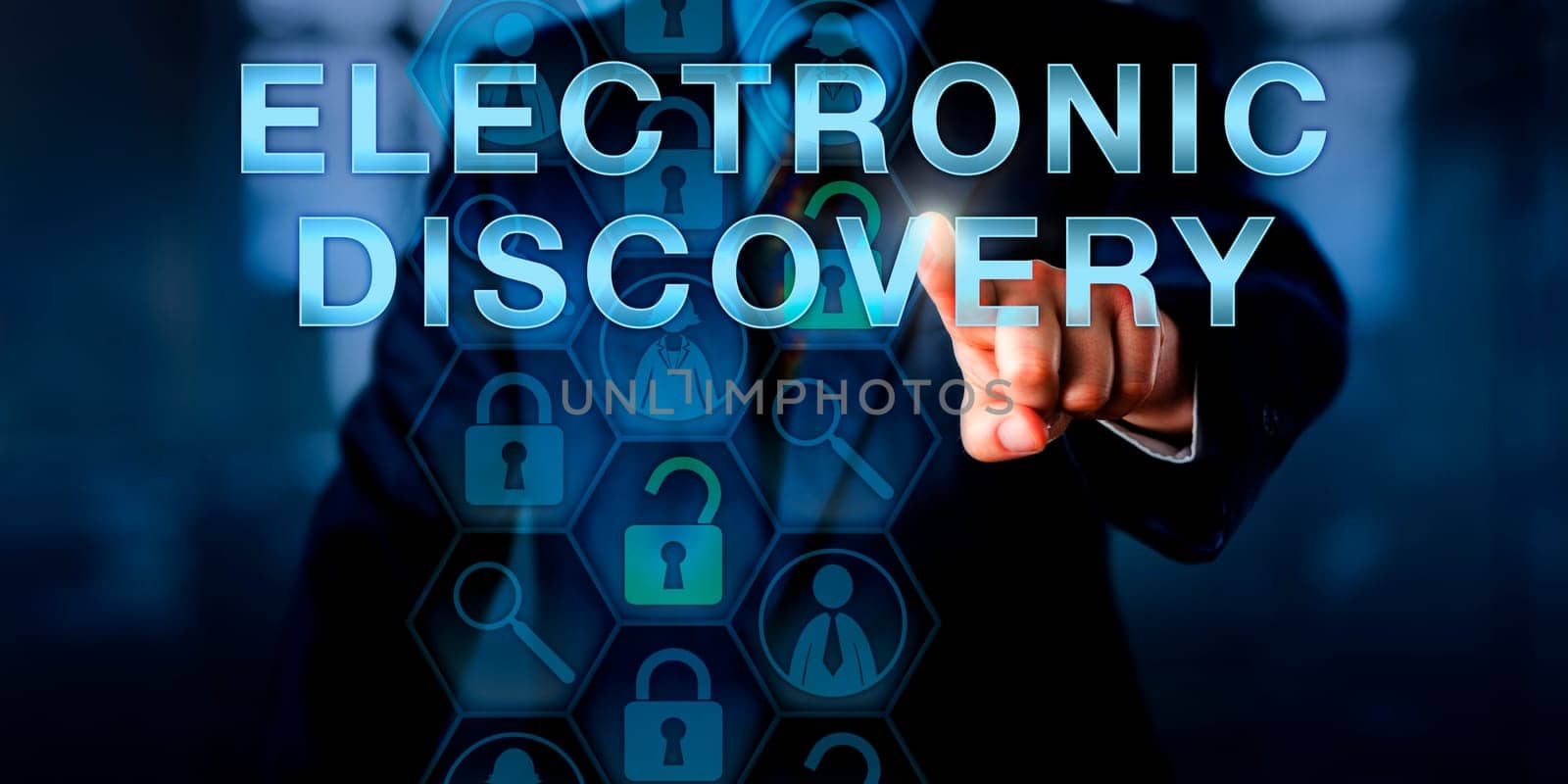 Forensic examiner is pressing ELECTRONIC DISCOVERY on a touch screen. Technology concept and business metaphor. Magnifier icons relate to the digital forensic process of identification of evidence.