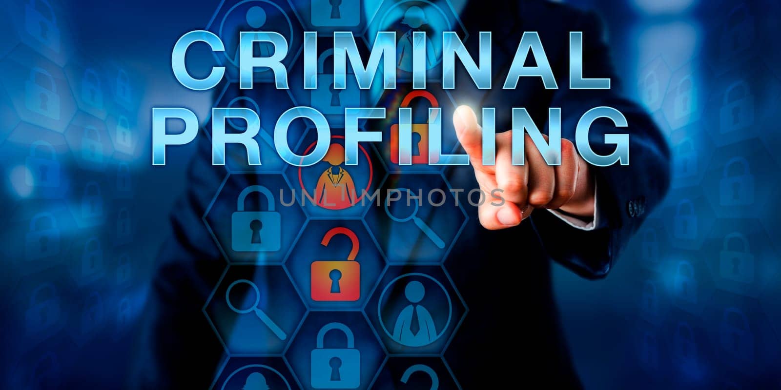 Law enforcement agent touching CRIMINAL PROFILING onscreen. Business metaphor and technology concept. A female white collar icon is highlighted and linked to two open locks signifying case linkage.