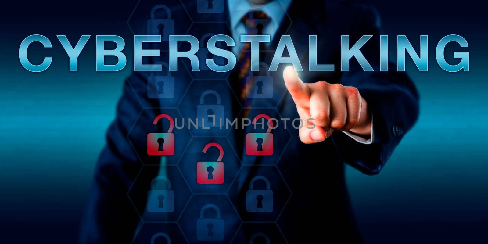 Forensic investigator is pushing CYBERSTALKING on a touch screen interface. Technology concept for the continuous process cyberbullying, monitoring, identity theft, threat and online vandalism.