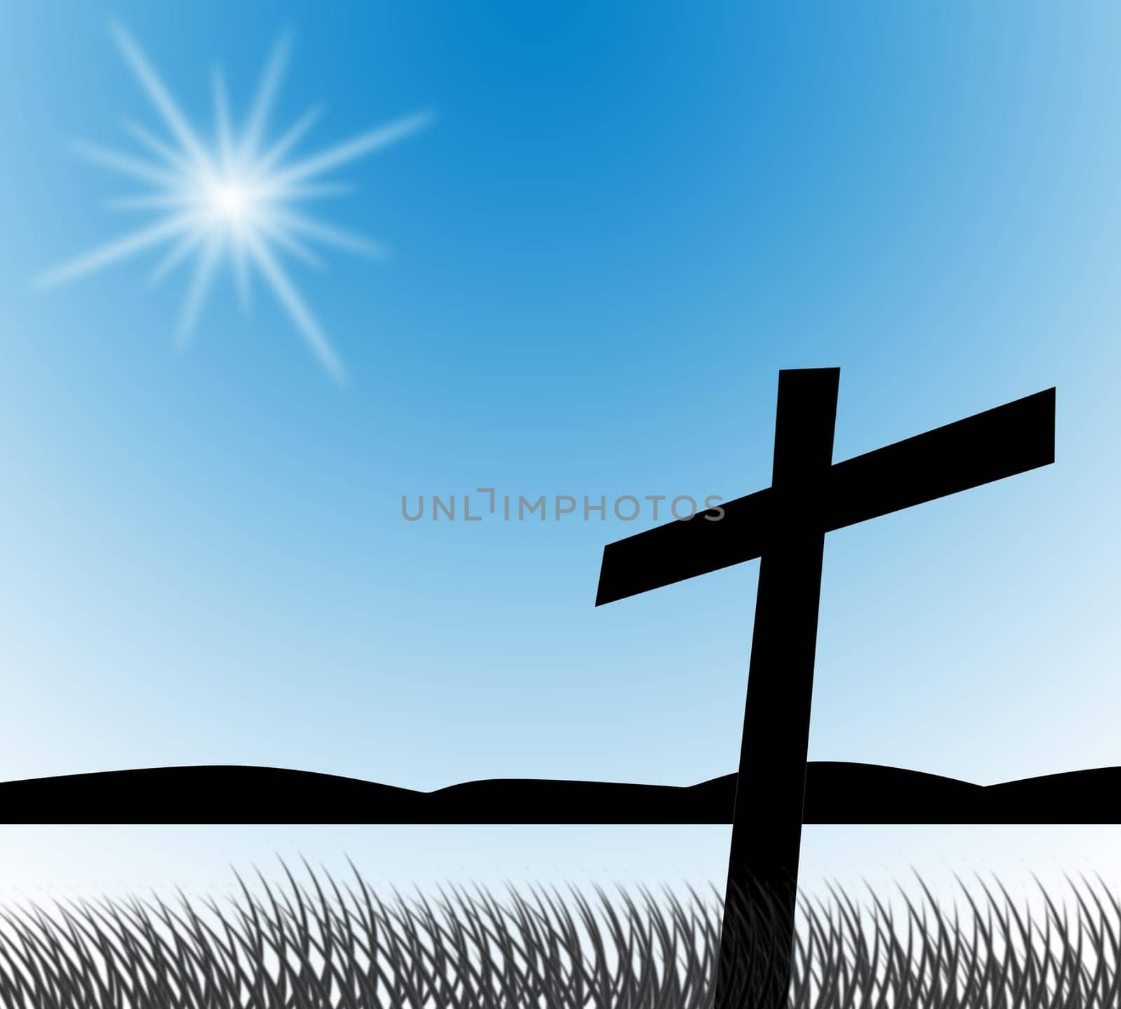 Cross on hill with sunset and overlight the sun