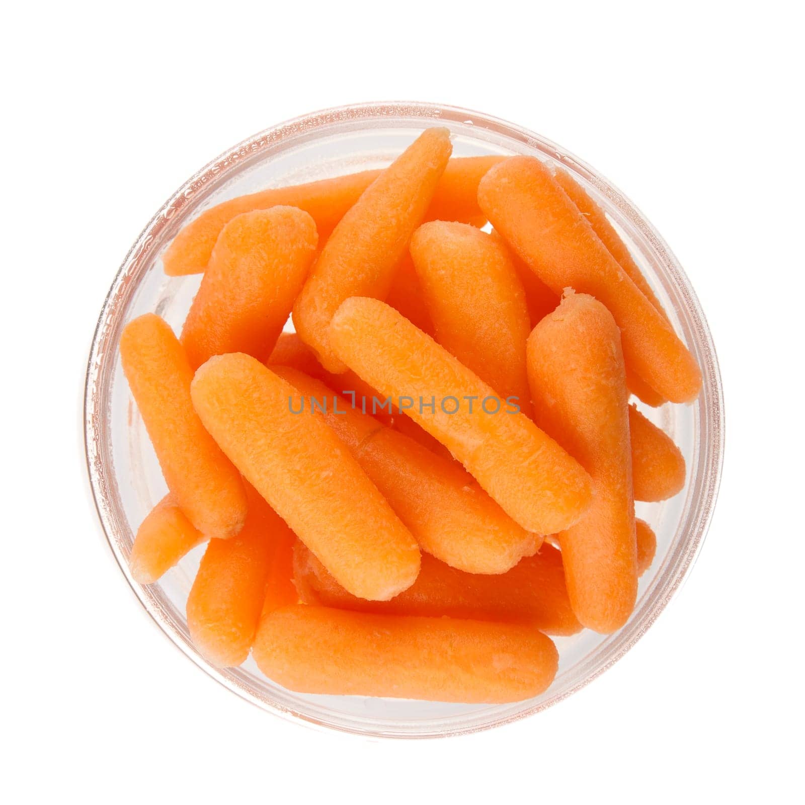 Healthy carrot stick snacks in bowl isolated on a white background.