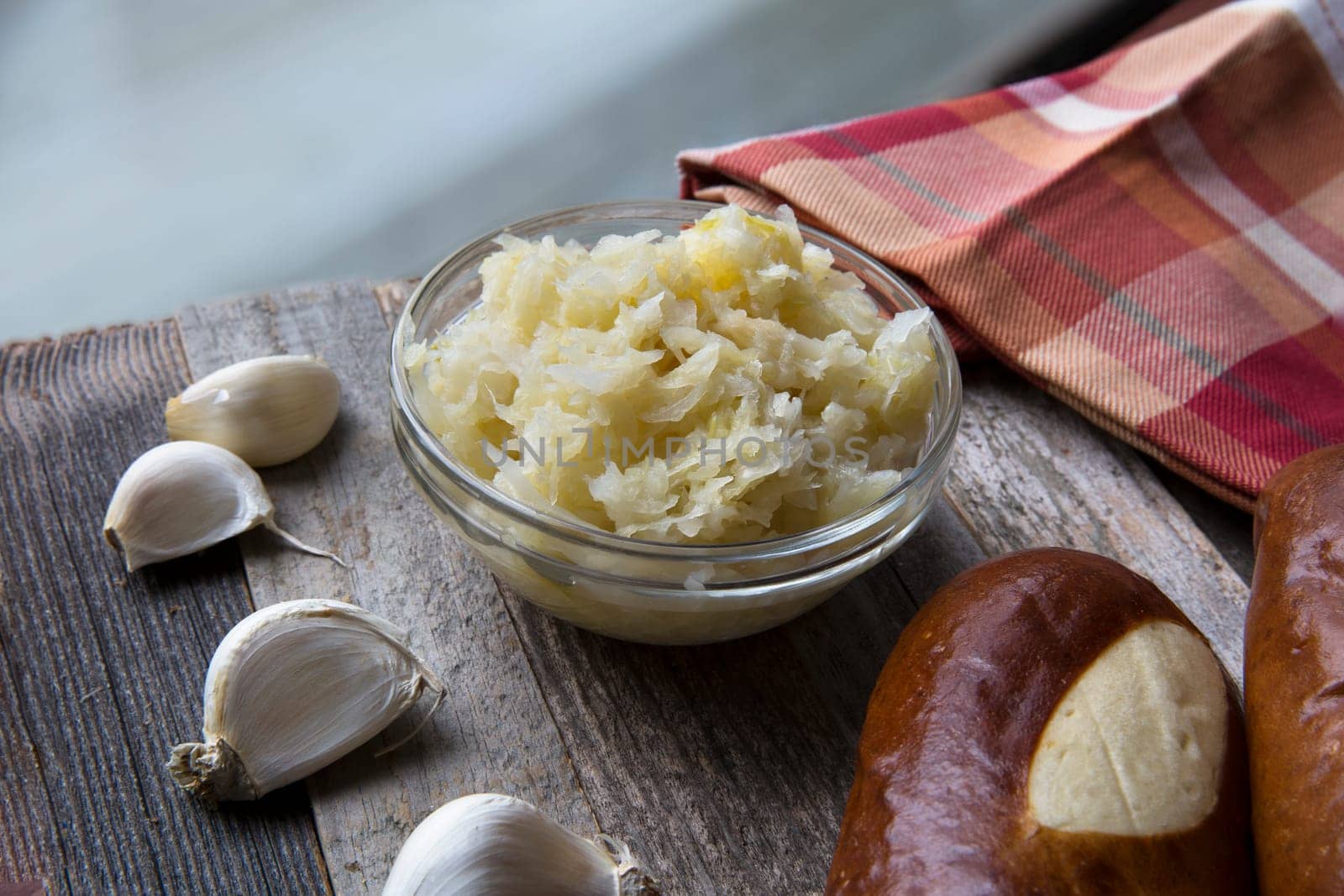 Bread made in German soft pretzel style with sauerkraut and garlic.
