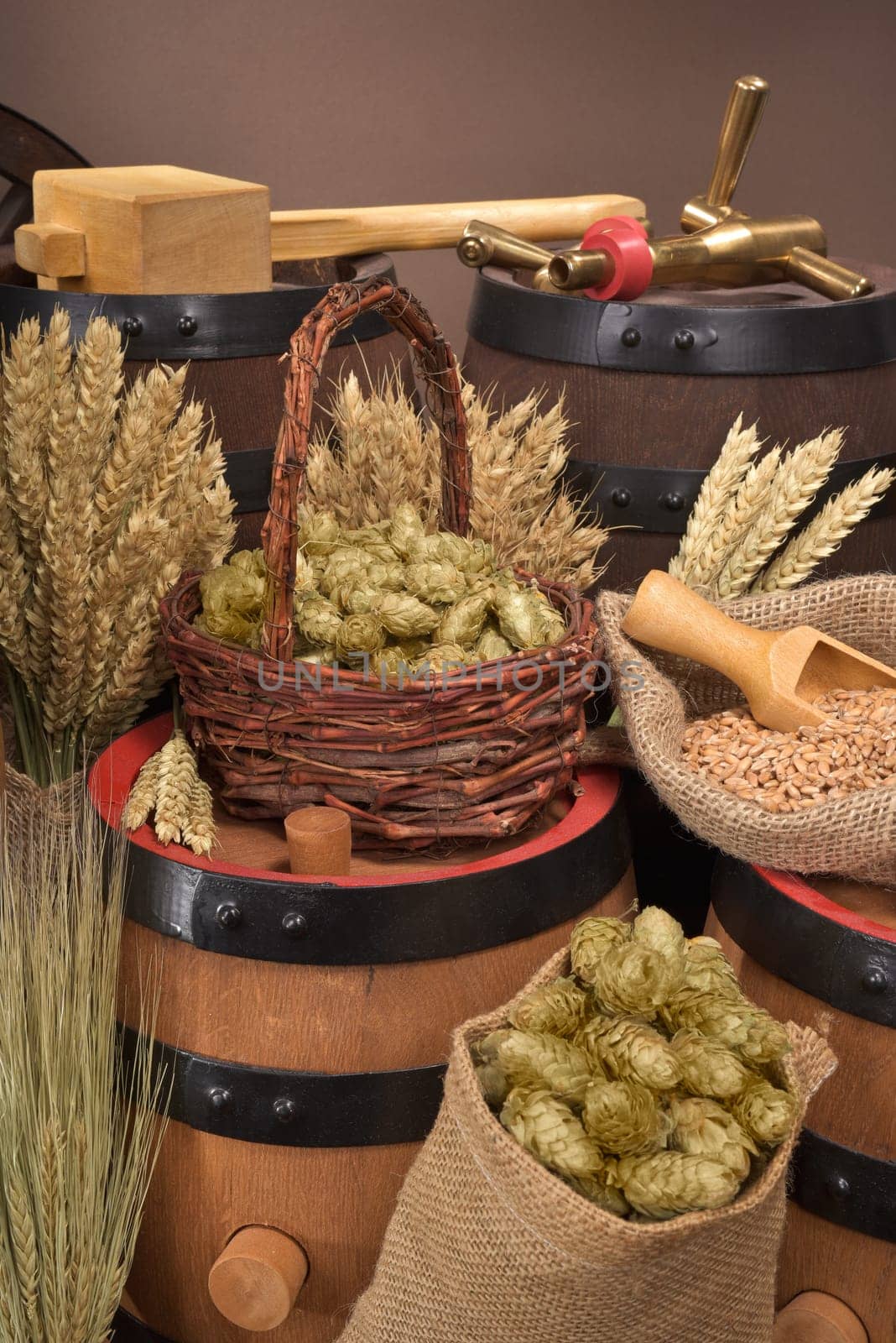 Beer barrels,hammer and tap with wheat,barley,hops and malt