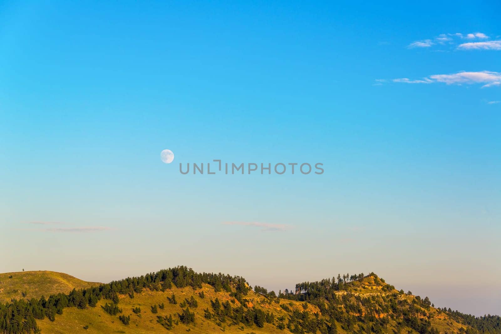 Moon rising over hills in Custer State Park, South Dakota