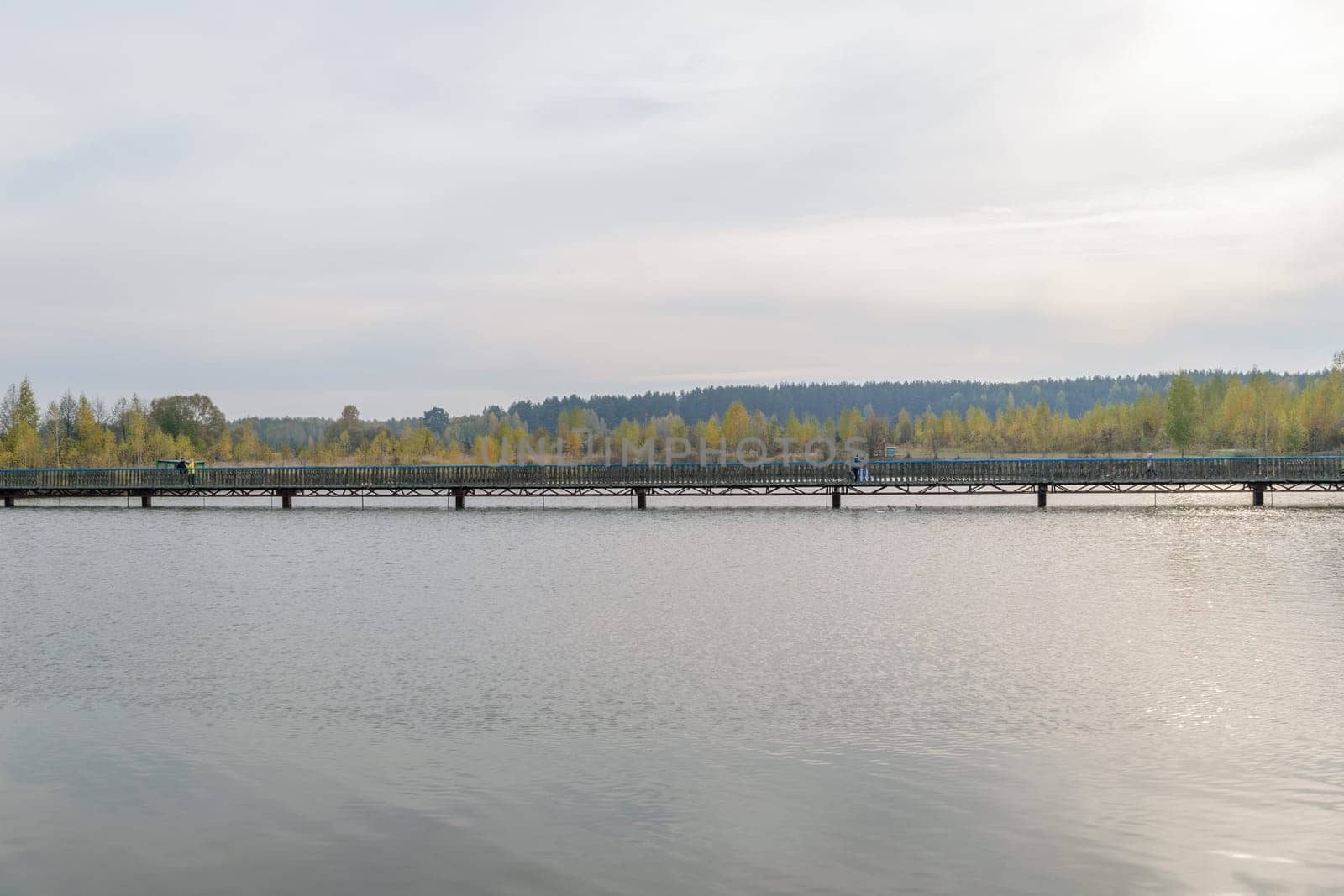 Long pedestrian bridge across the lake.