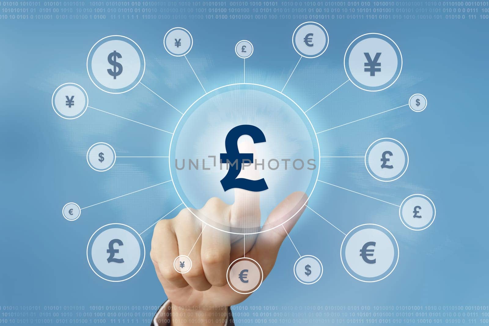 business hand pushing british pound currency button with global networking concept