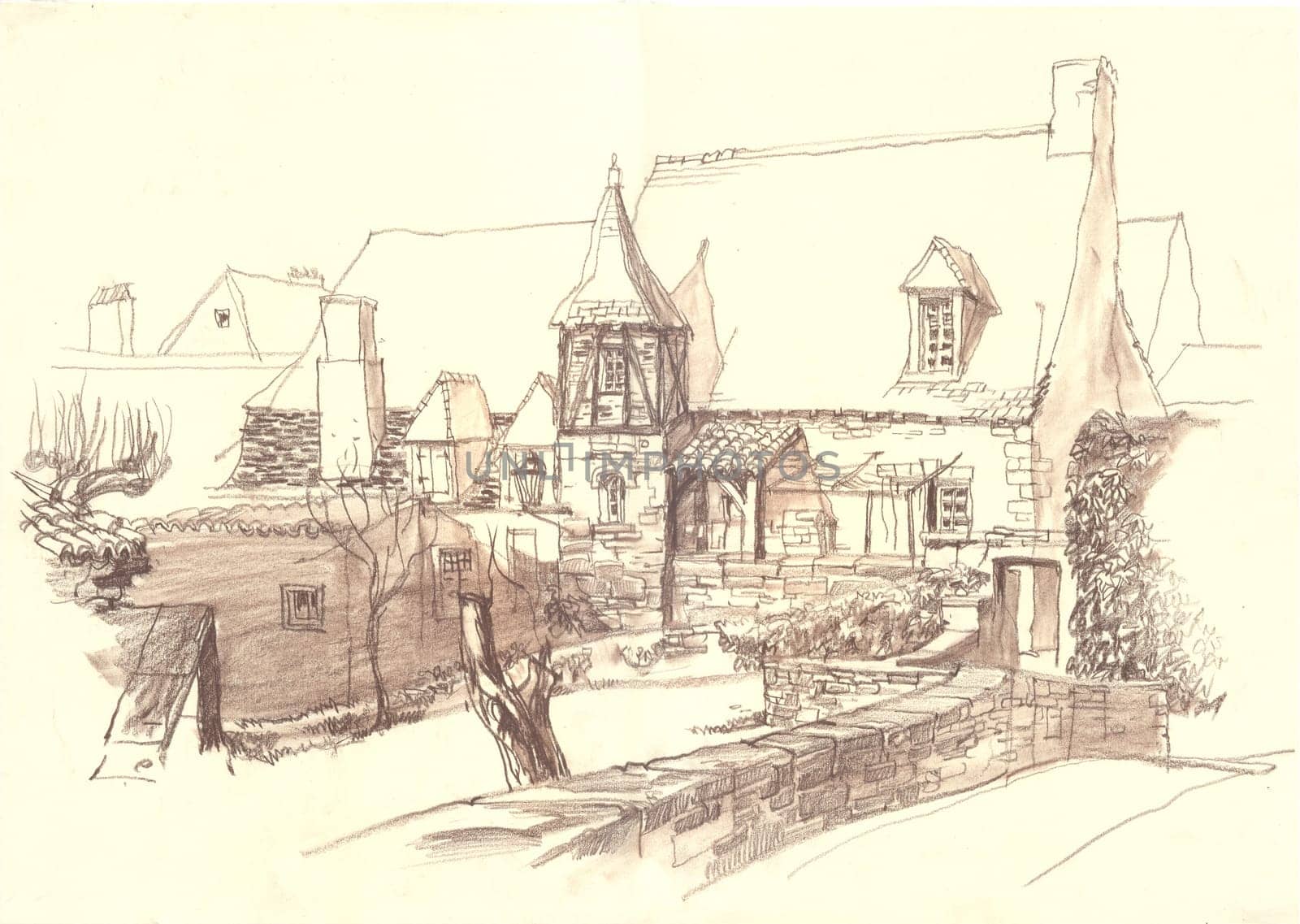 Old European town street fragment. The architecture and buildings. The medieval architecture. The French city. Etude