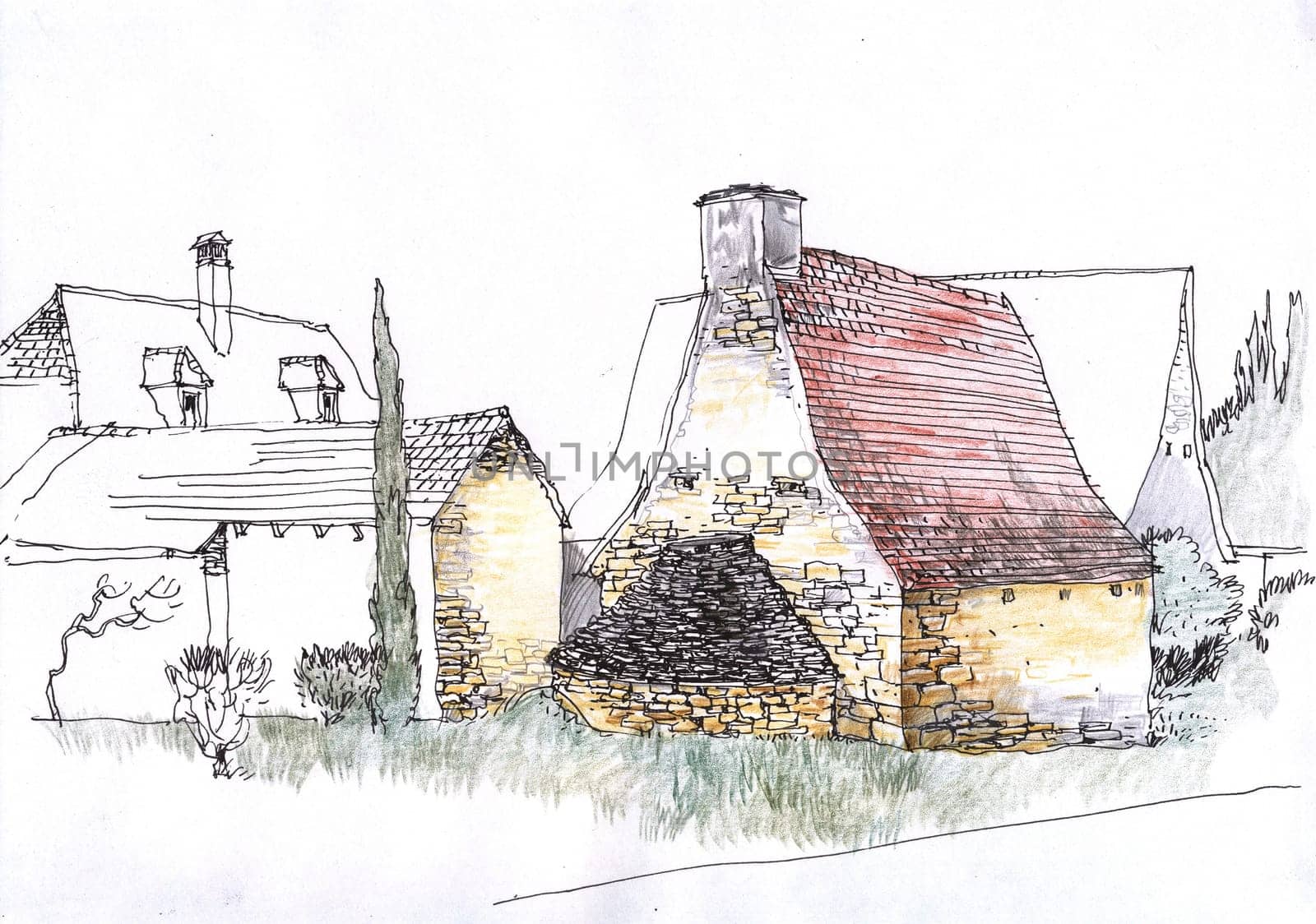 Rural landscape old house. European province. Rural France. Cute old house