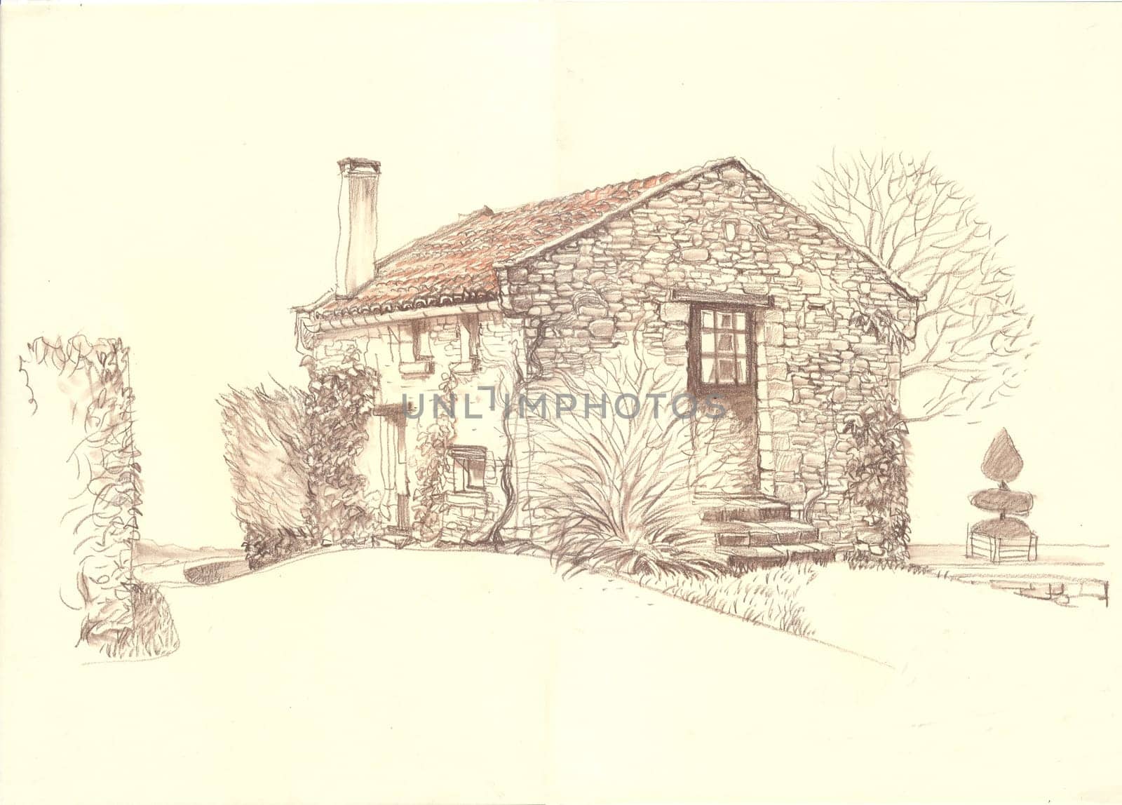 Rural landscape old house. European province. Rural France. Cute old house