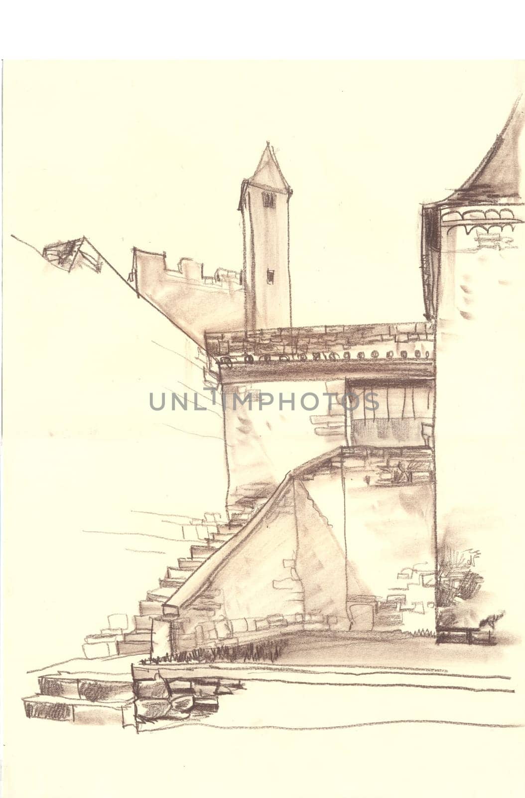 Old European town street fragment. The architecture and buildings. The medieval architecture. The French city. Etude