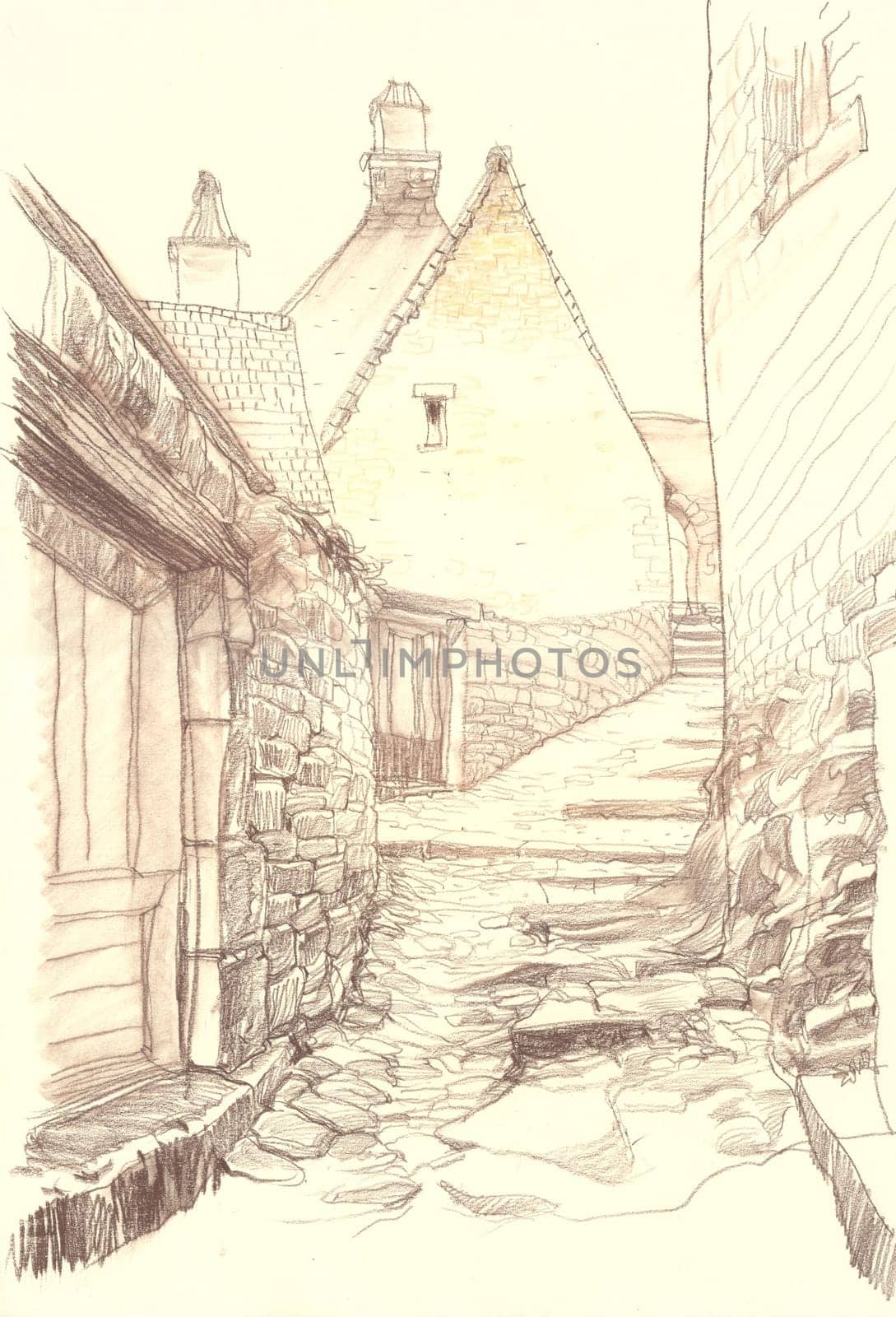 Old European town street fragment. The architecture and buildings. The medieval architecture. The French city. Etude