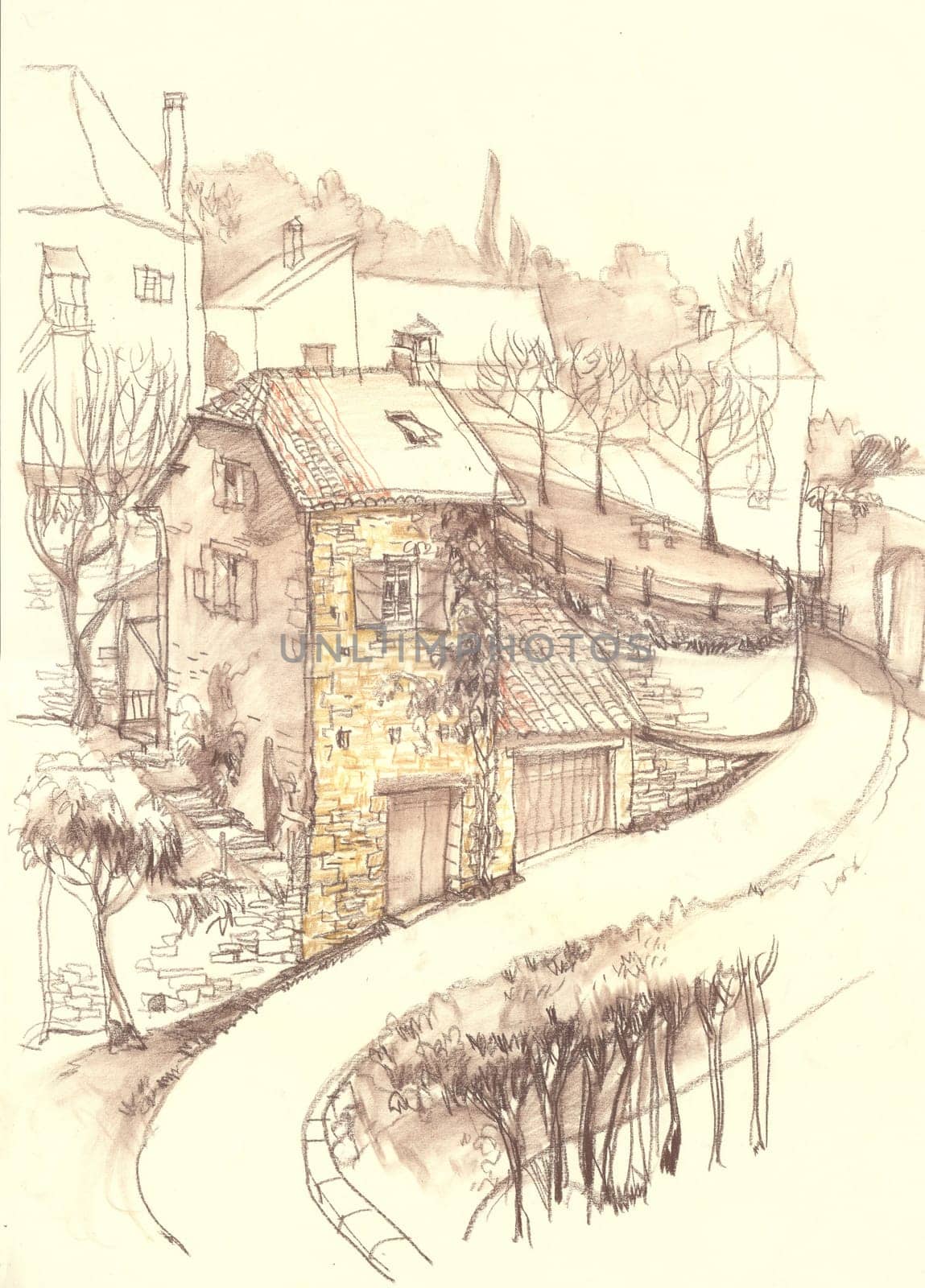 Old European town street fragment. The architecture and buildings. The medieval architecture. The French city. Etude